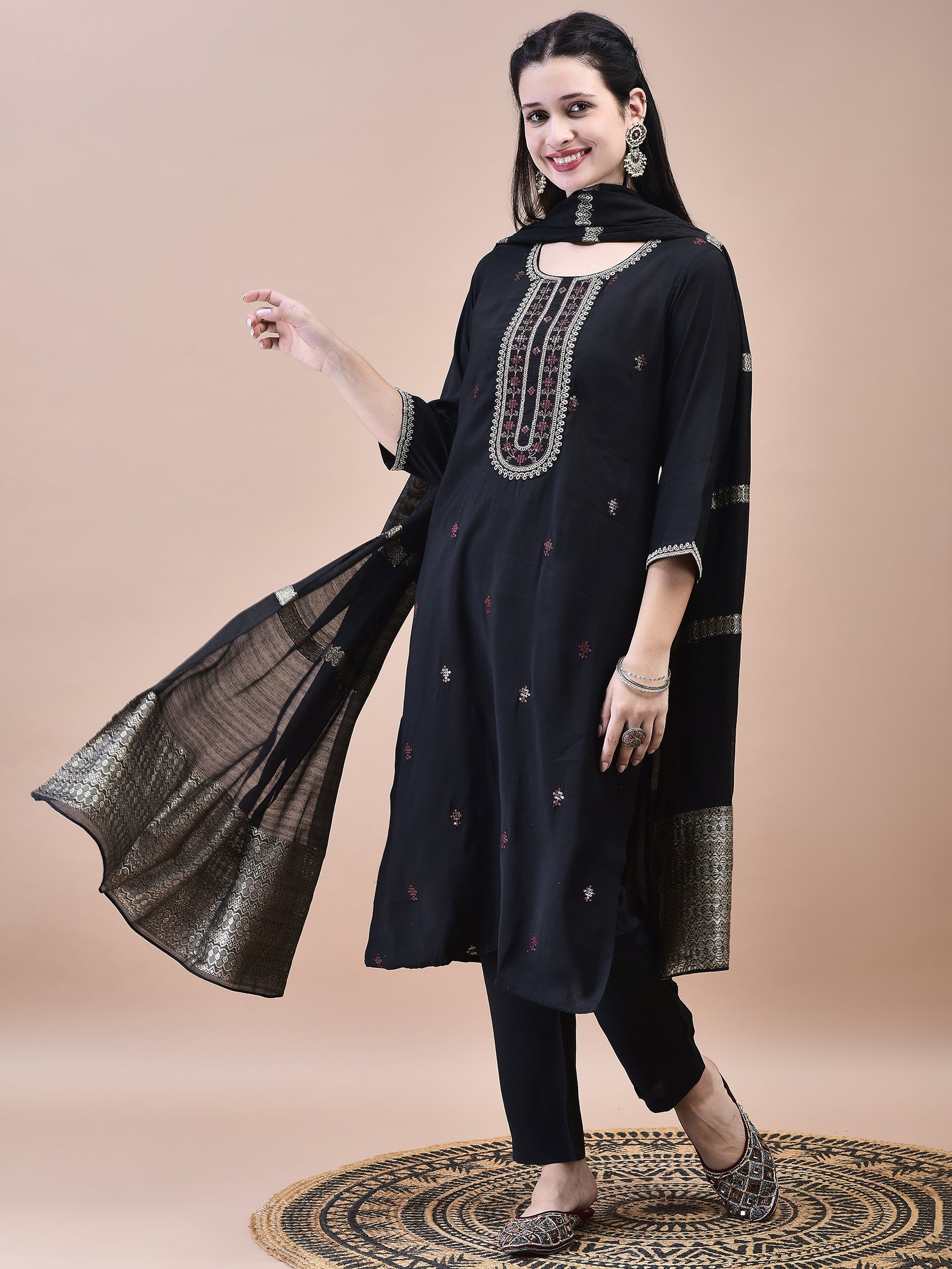 Women Chanderi Black Crop top Embroidered Kurta Comfort Pant Jacquard Dupatta