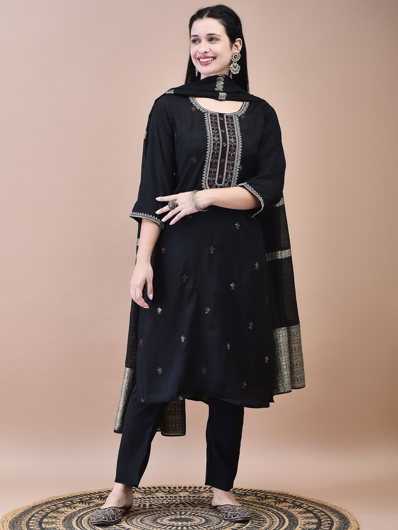 Women Chanderi Black Crop top Embroidered Kurta Comfort Pant Jacquard Dupatta