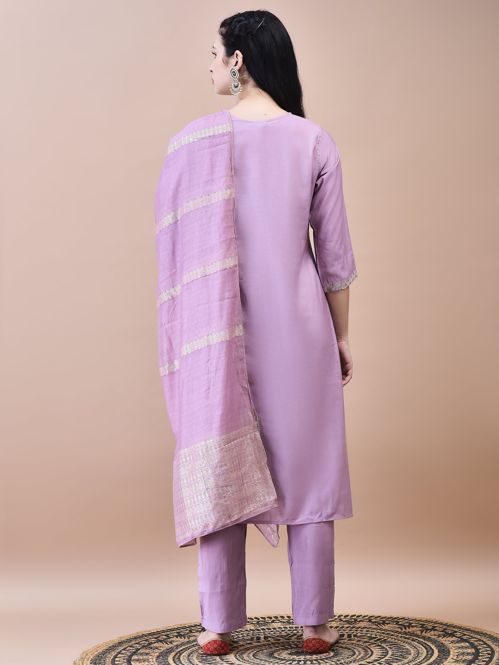 Women Chanderi Lilac Embroidered Kurta Comfort Pant Dupatta