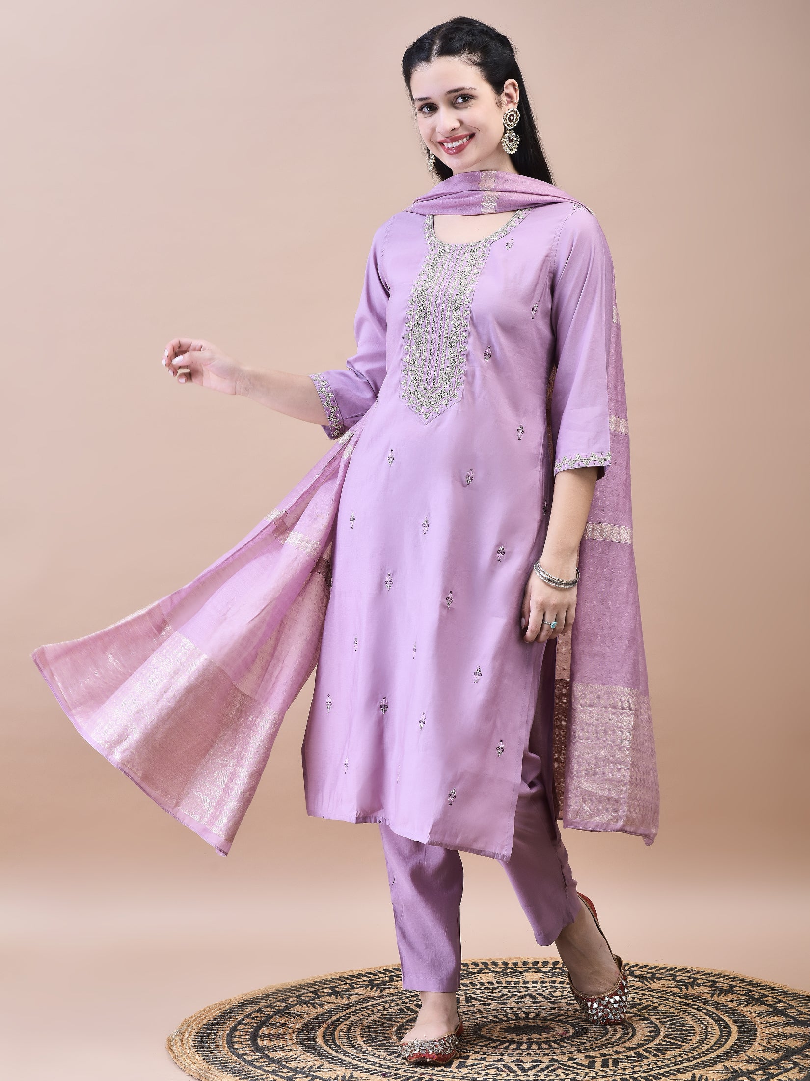 Women Chanderi Lilac Embroidered Kurta Comfort Pant Dupatta