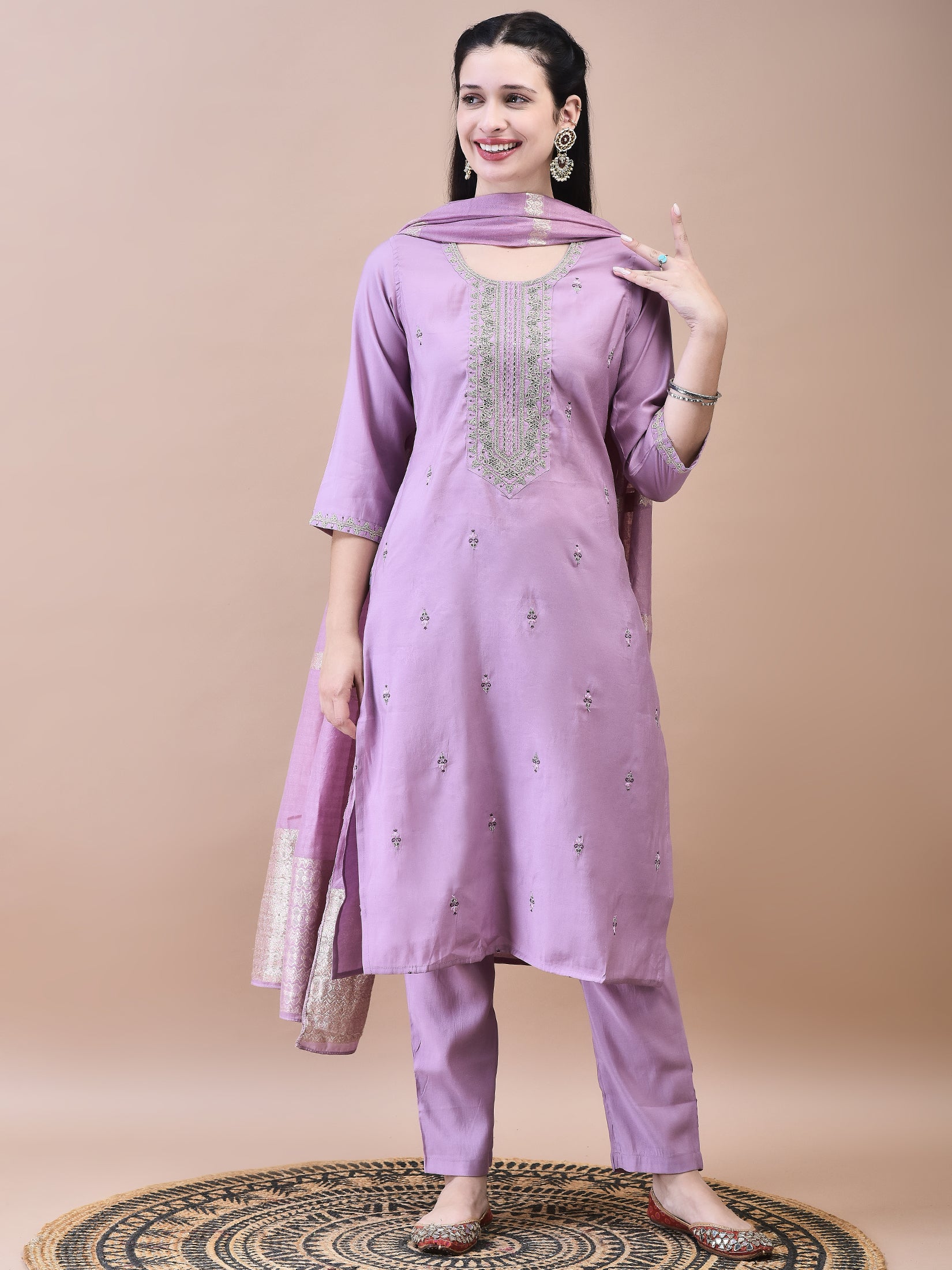 Women Chanderi Lilac Embroidered Kurta Comfort Pant Dupatta