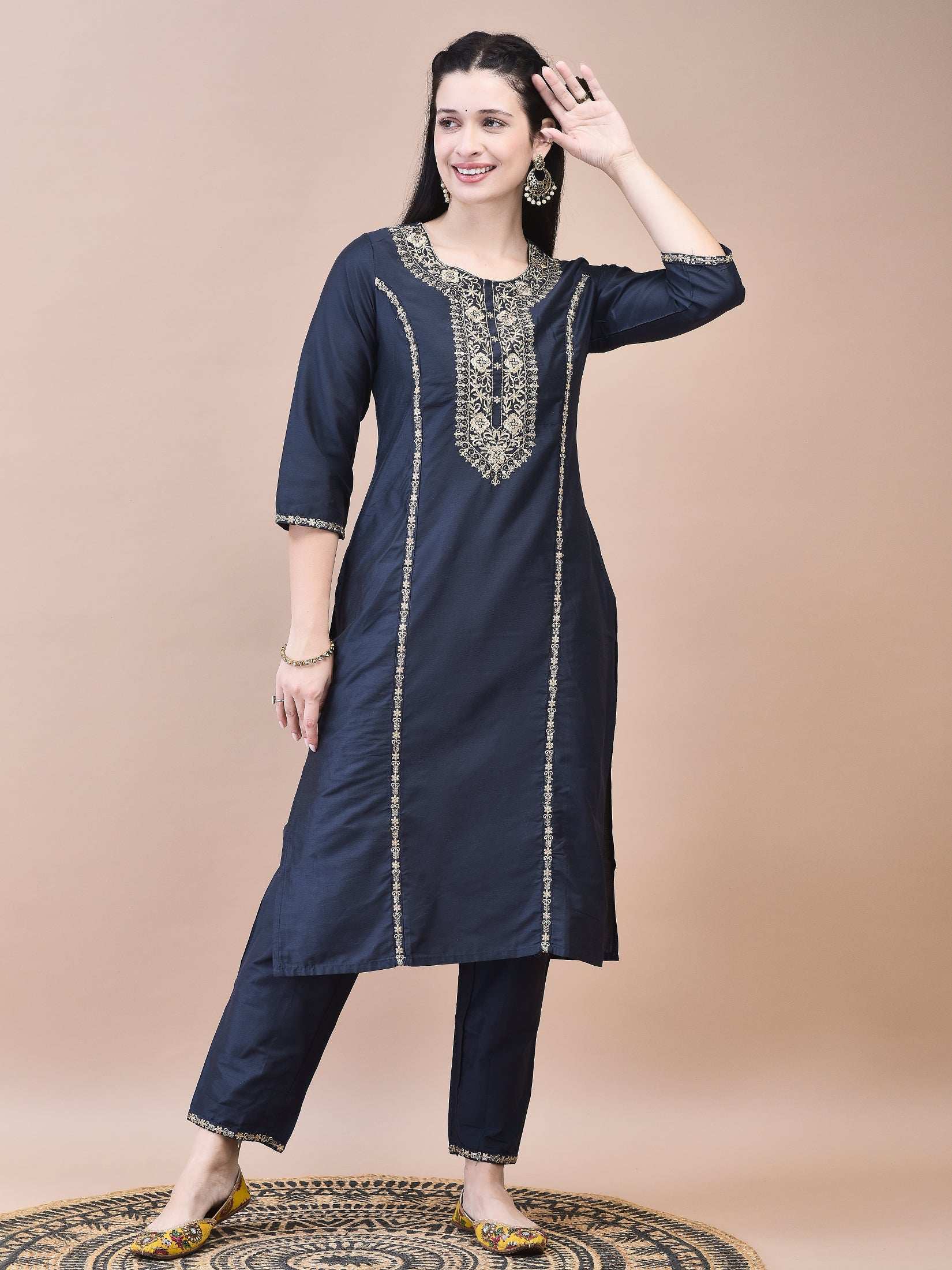 Women Poly Silk Grey Embroidered Kurta Trouser Chanderi Dupatta