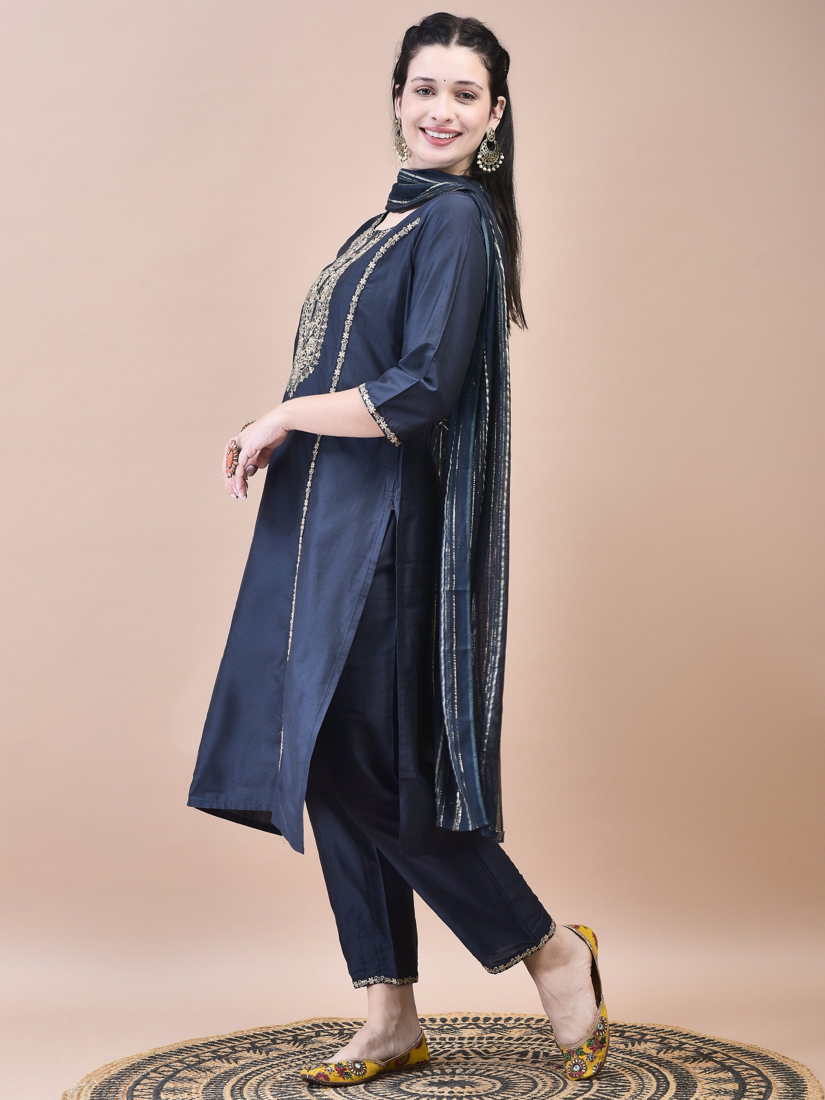 Women Poly Silk Grey Embroidered Kurta Trouser Chanderi Dupatta