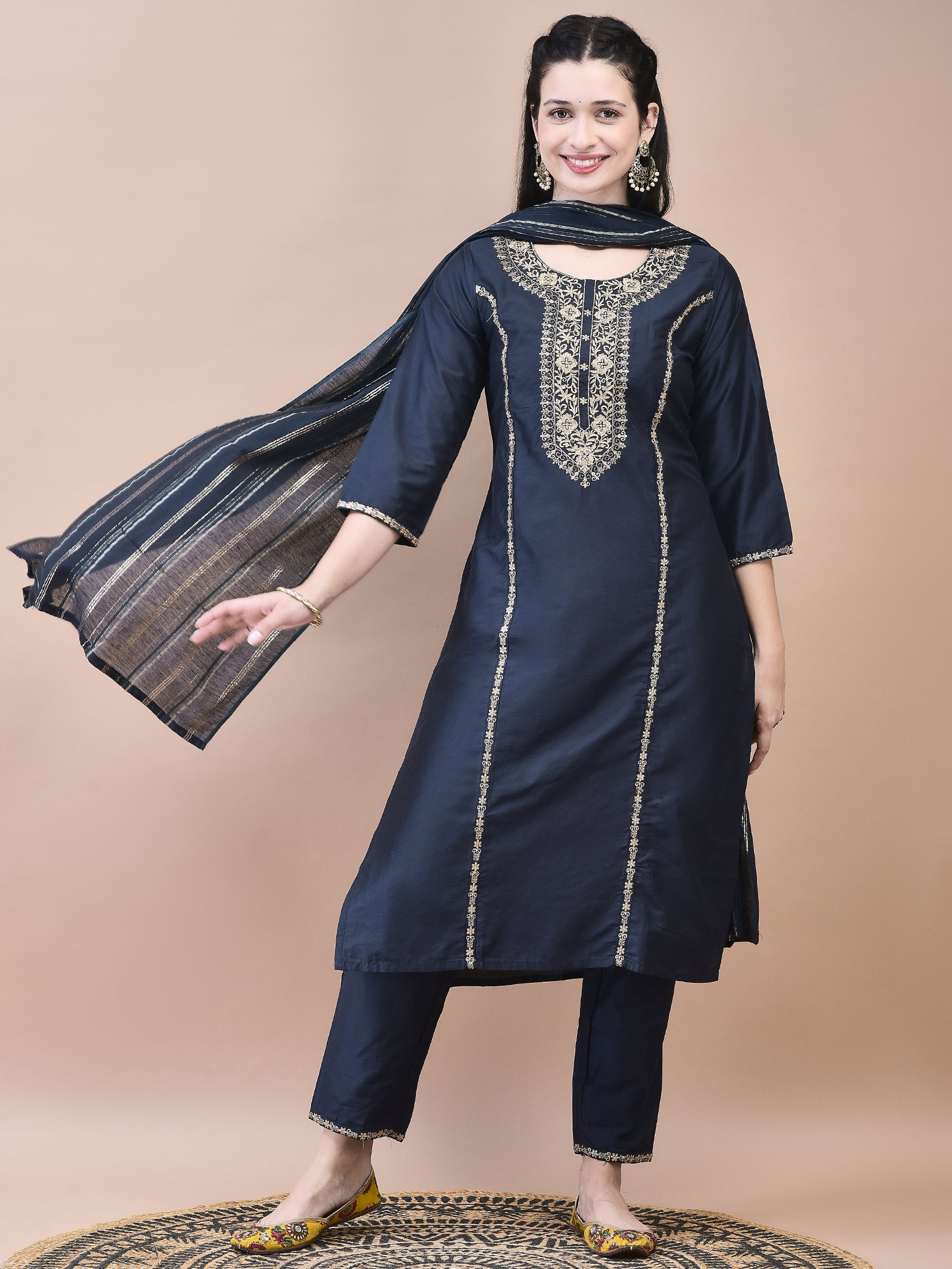 Women Poly Silk Grey Embroidered Kurta Trouser Chanderi Dupatta