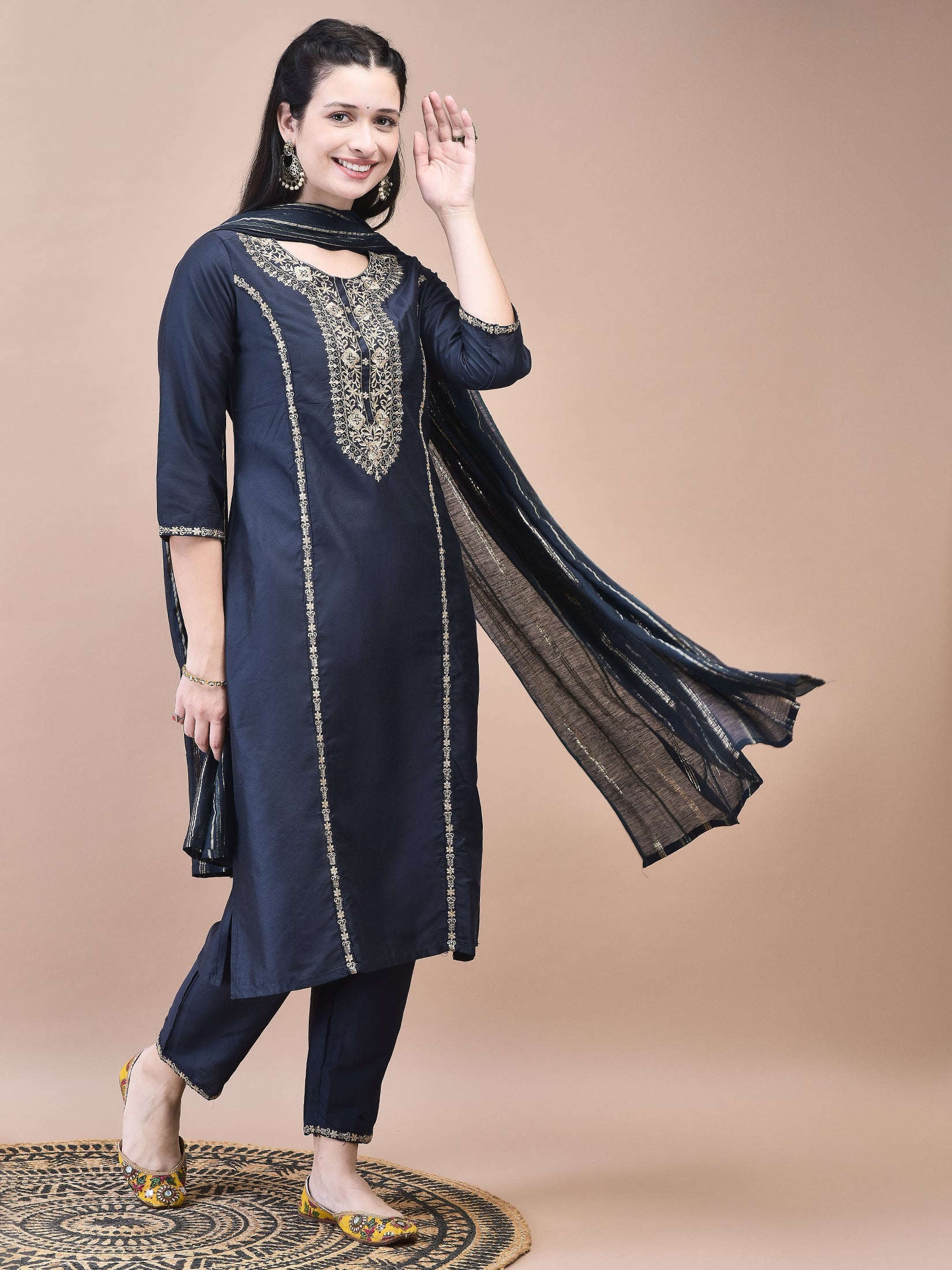 Women Poly Silk Grey Embroidered Kurta Trouser Chanderi Dupatta