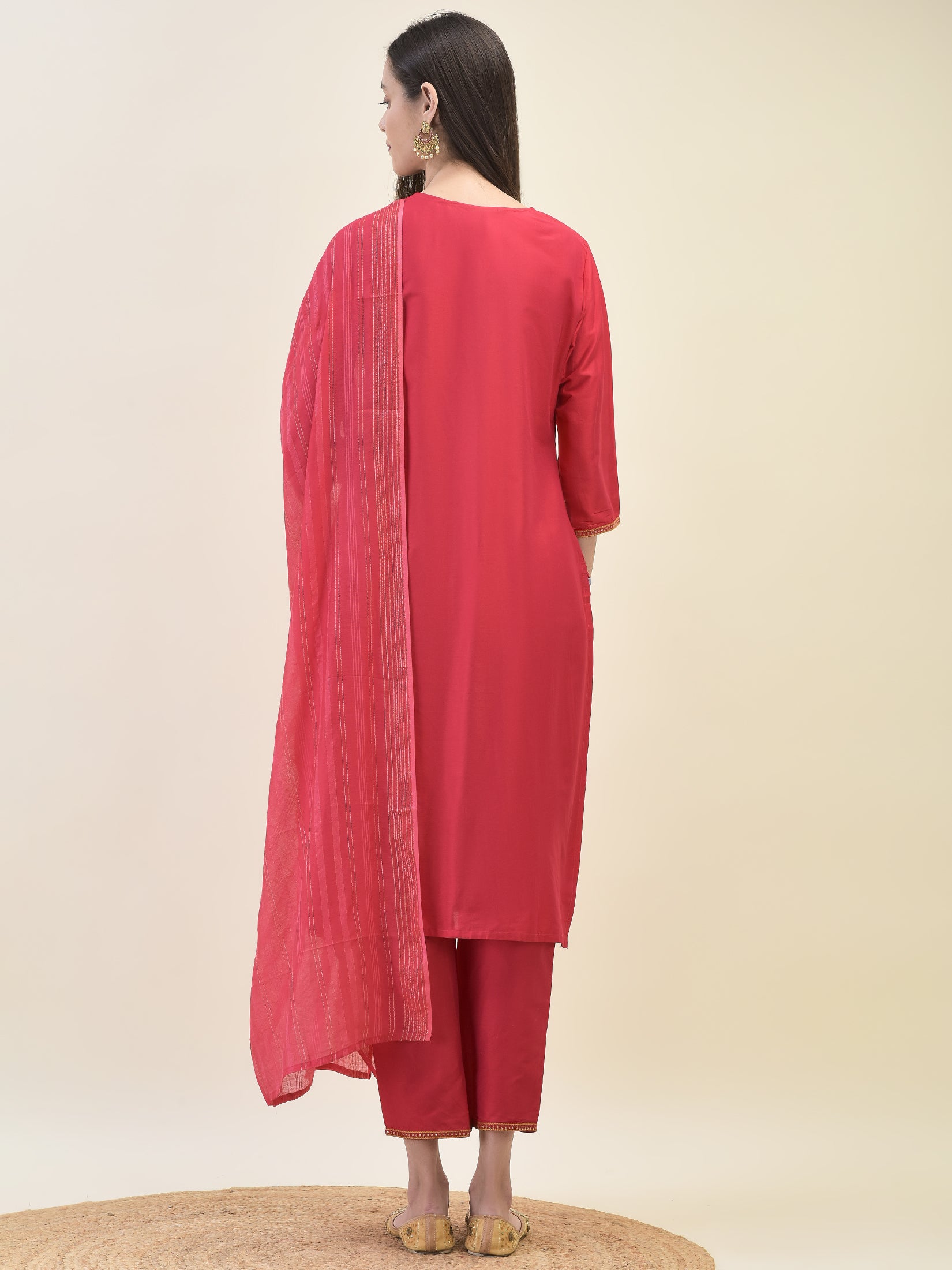 Women Poly Silk Red Embroidered Kurta Trouser Dupatta