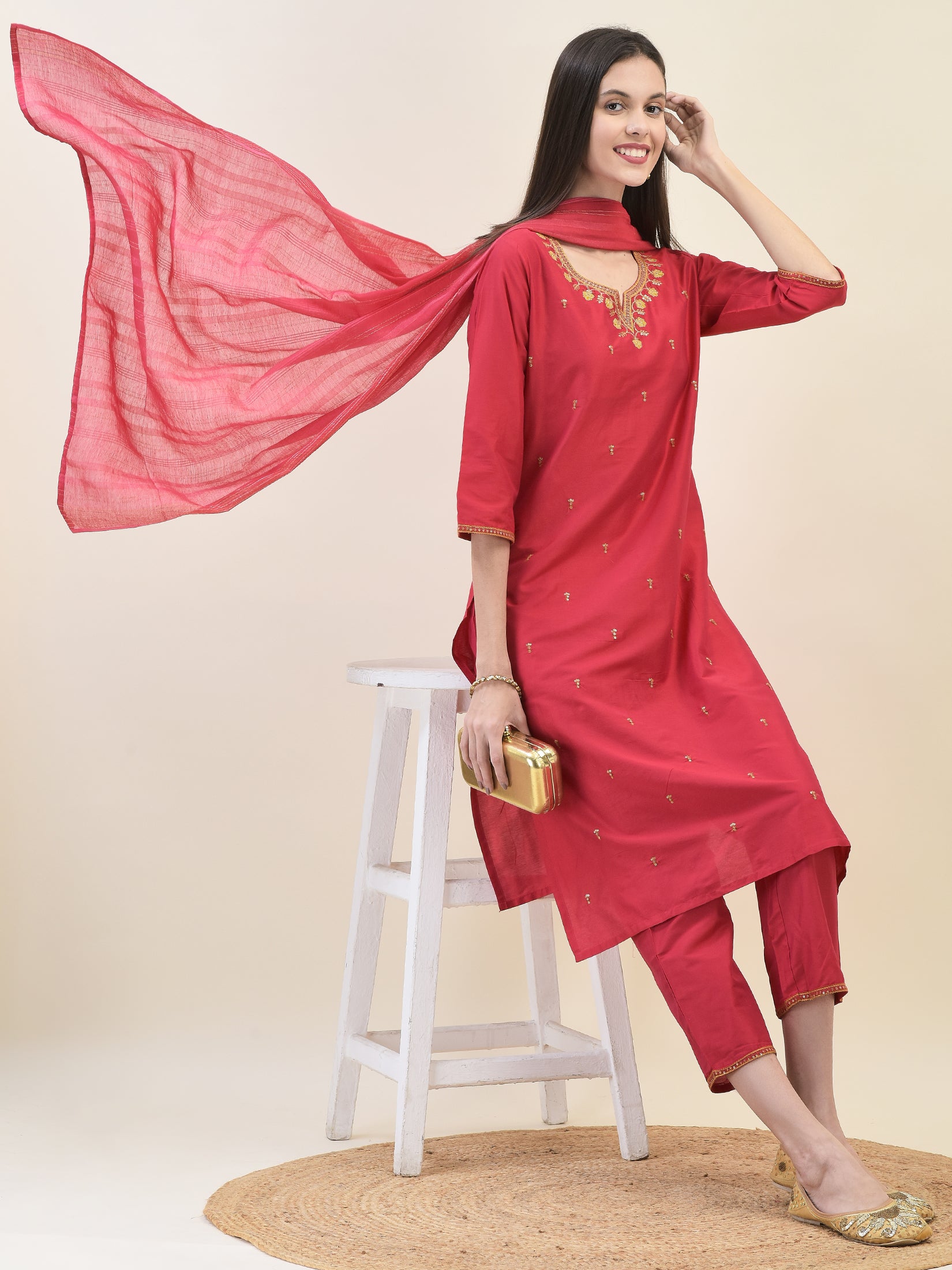 Women Poly Silk Red Embroidered Kurta Trouser Dupatta