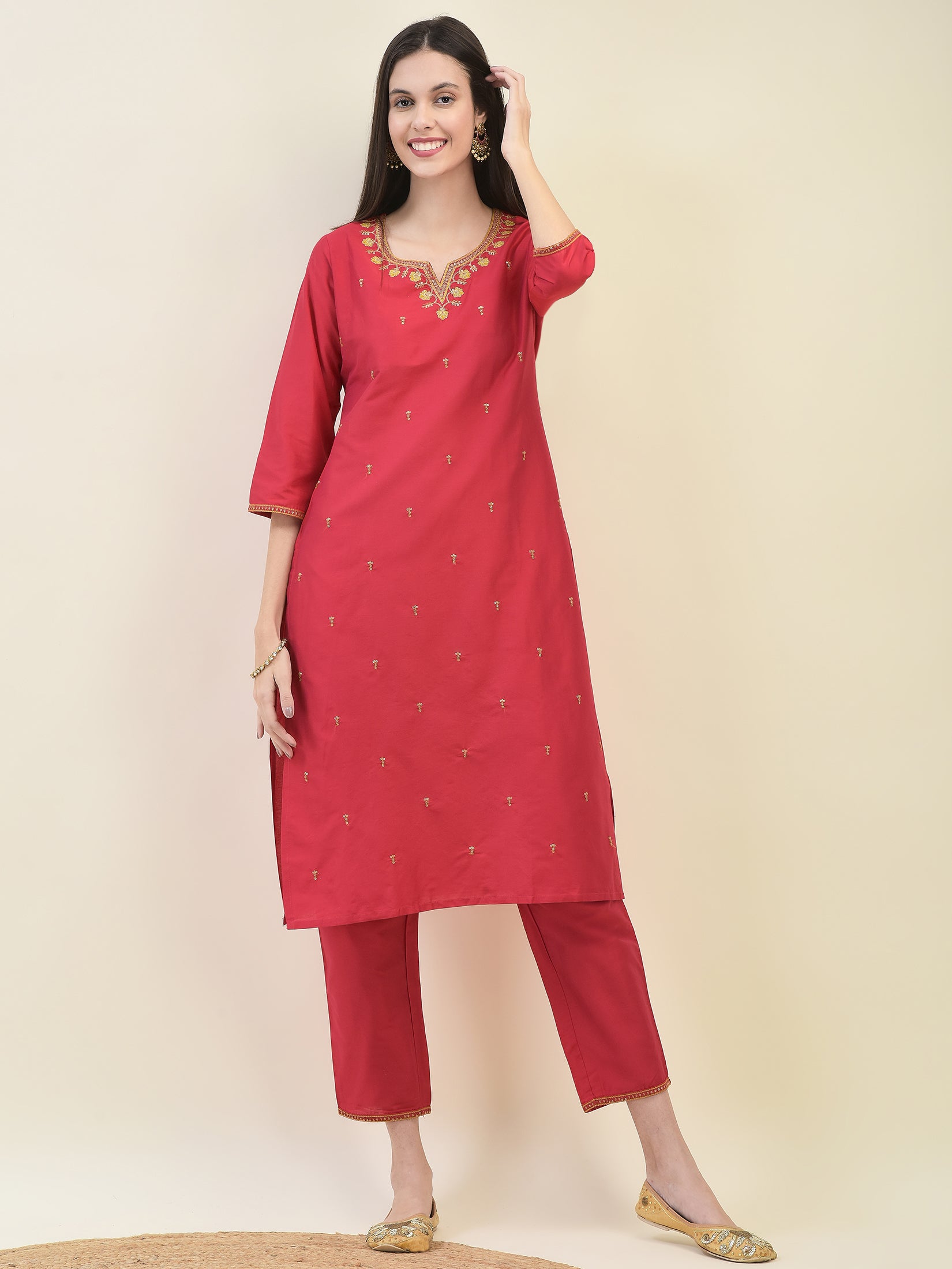 Women Poly Silk Red Embroidered Kurta Trouser Dupatta