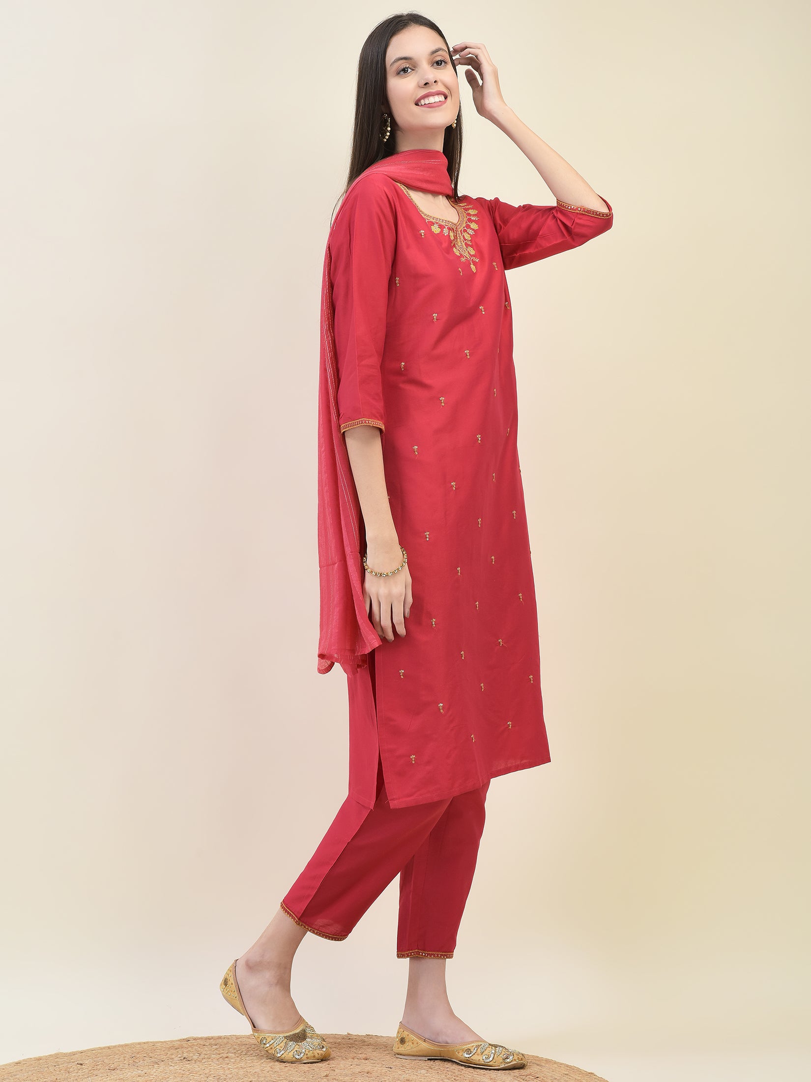 Women Poly Silk Red Embroidered Kurta Trouser Dupatta