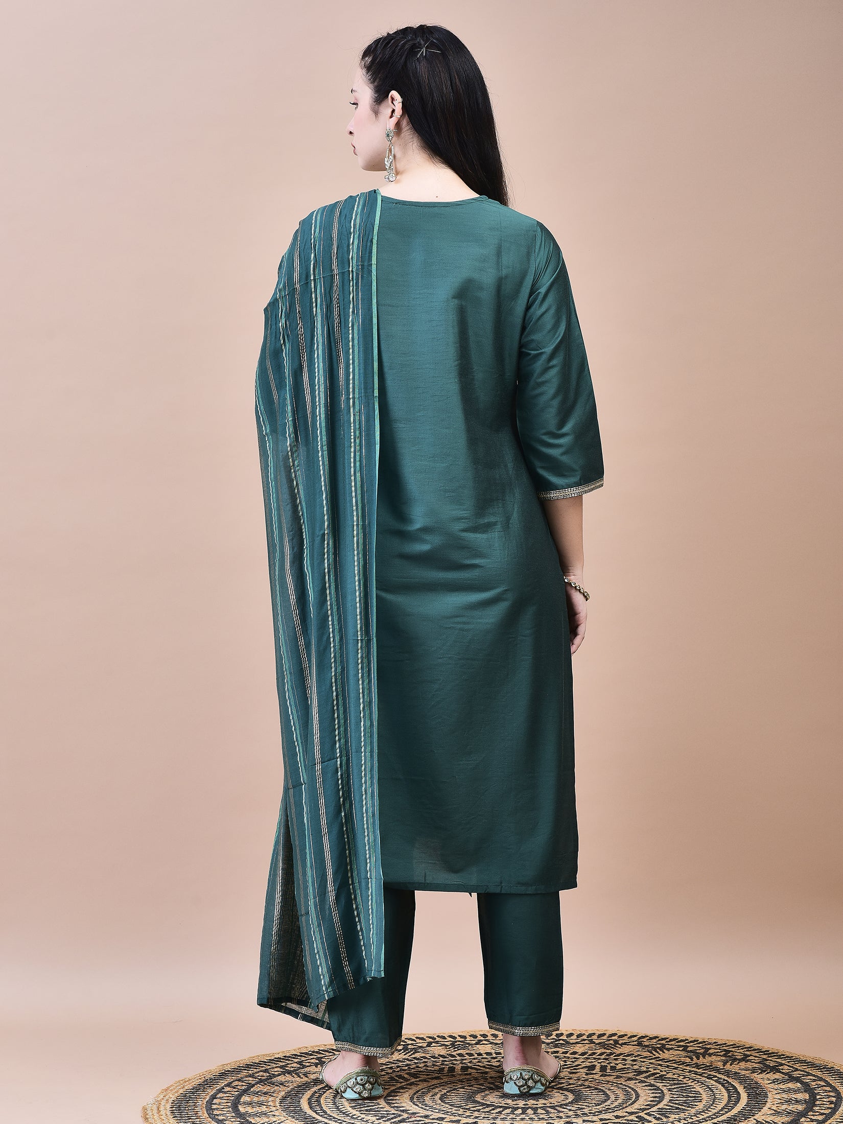 Women Poly Silk Green Embroidered Kurta Trouser Dupatta