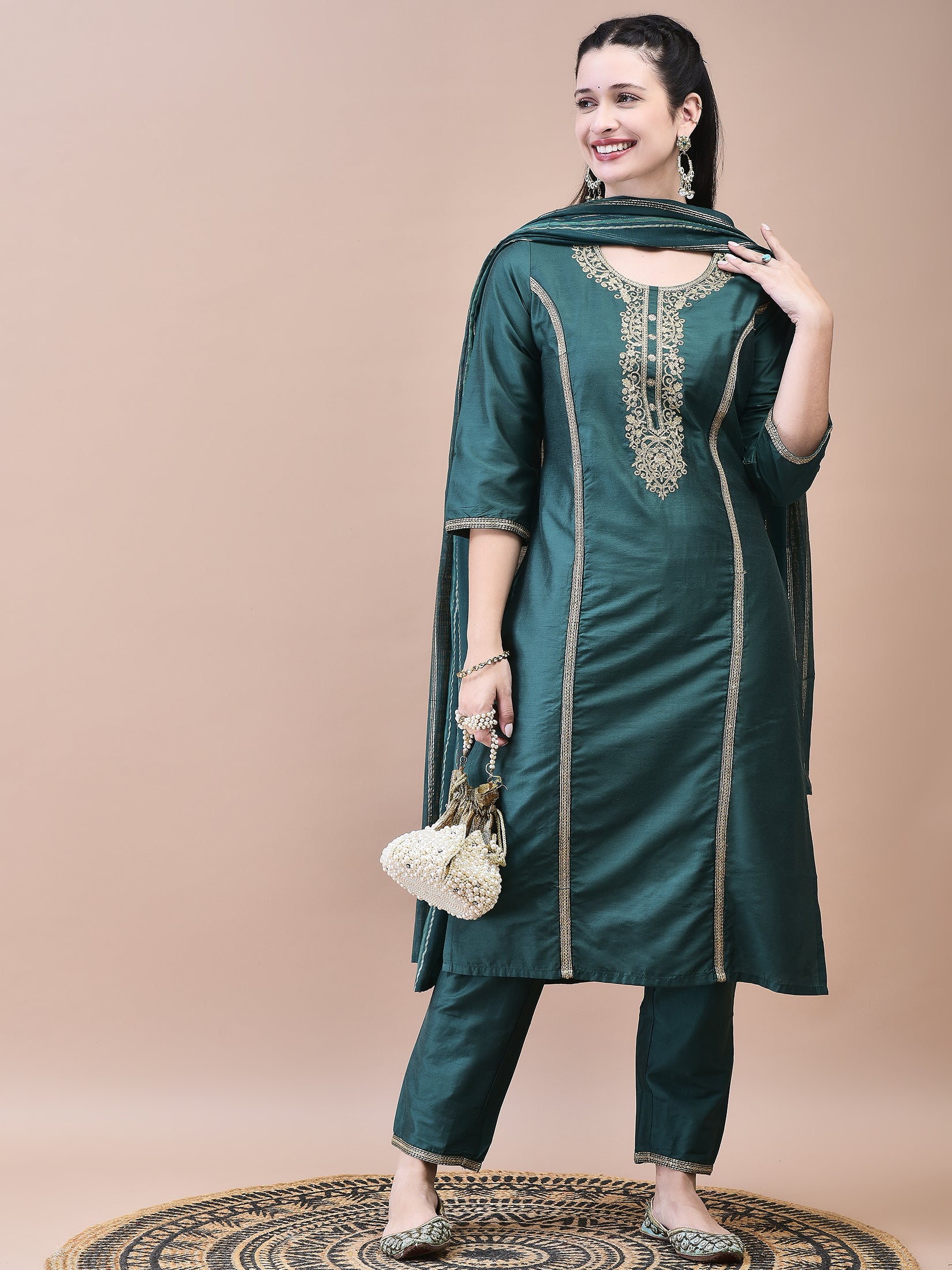 Women Poly Silk Green Embroidered Kurta Trouser Dupatta