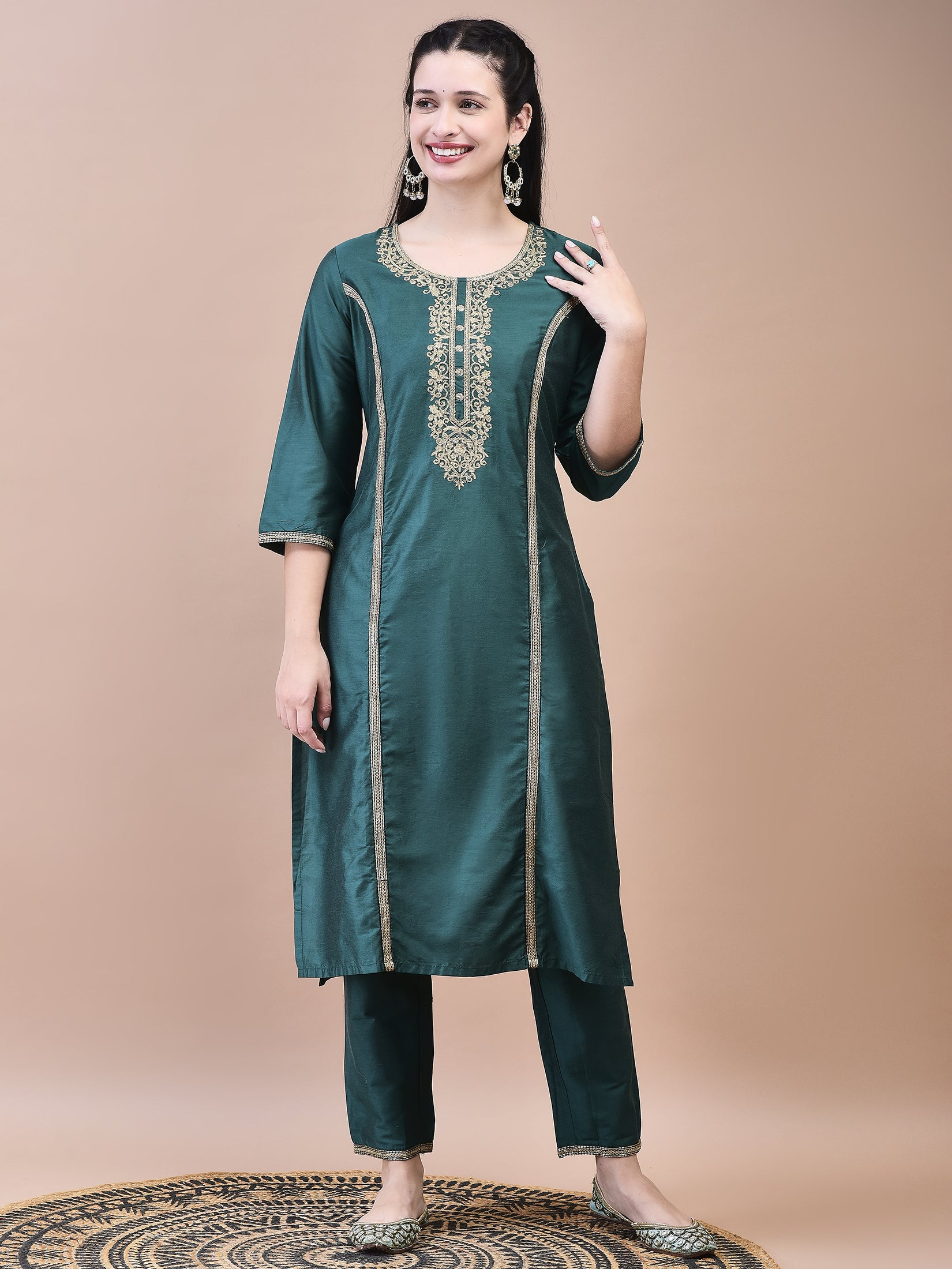 Women Poly Silk Green Embroidered Kurta Trouser Dupatta