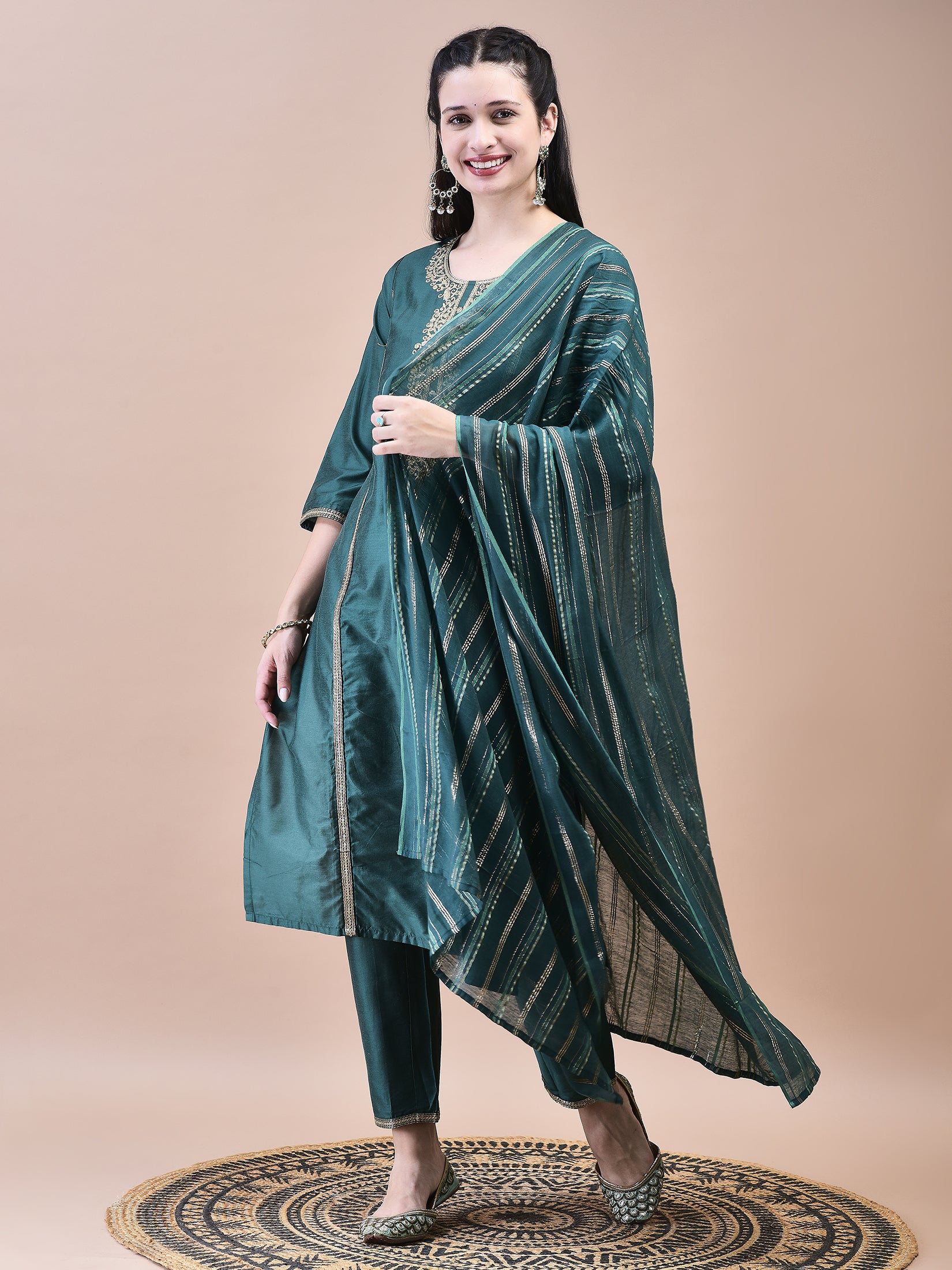 Women Poly Silk Green Embroidered Kurta Trouser Dupatta