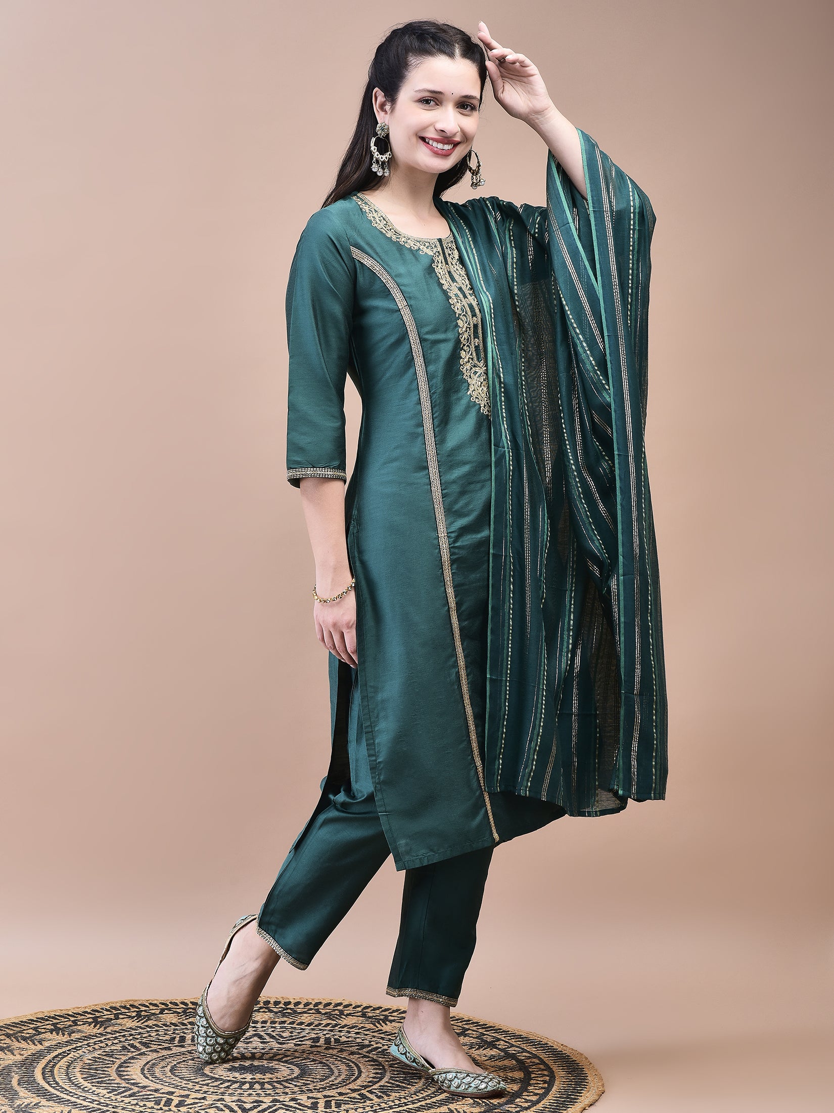 Women Poly Silk Green Embroidered Kurta Trouser Dupatta