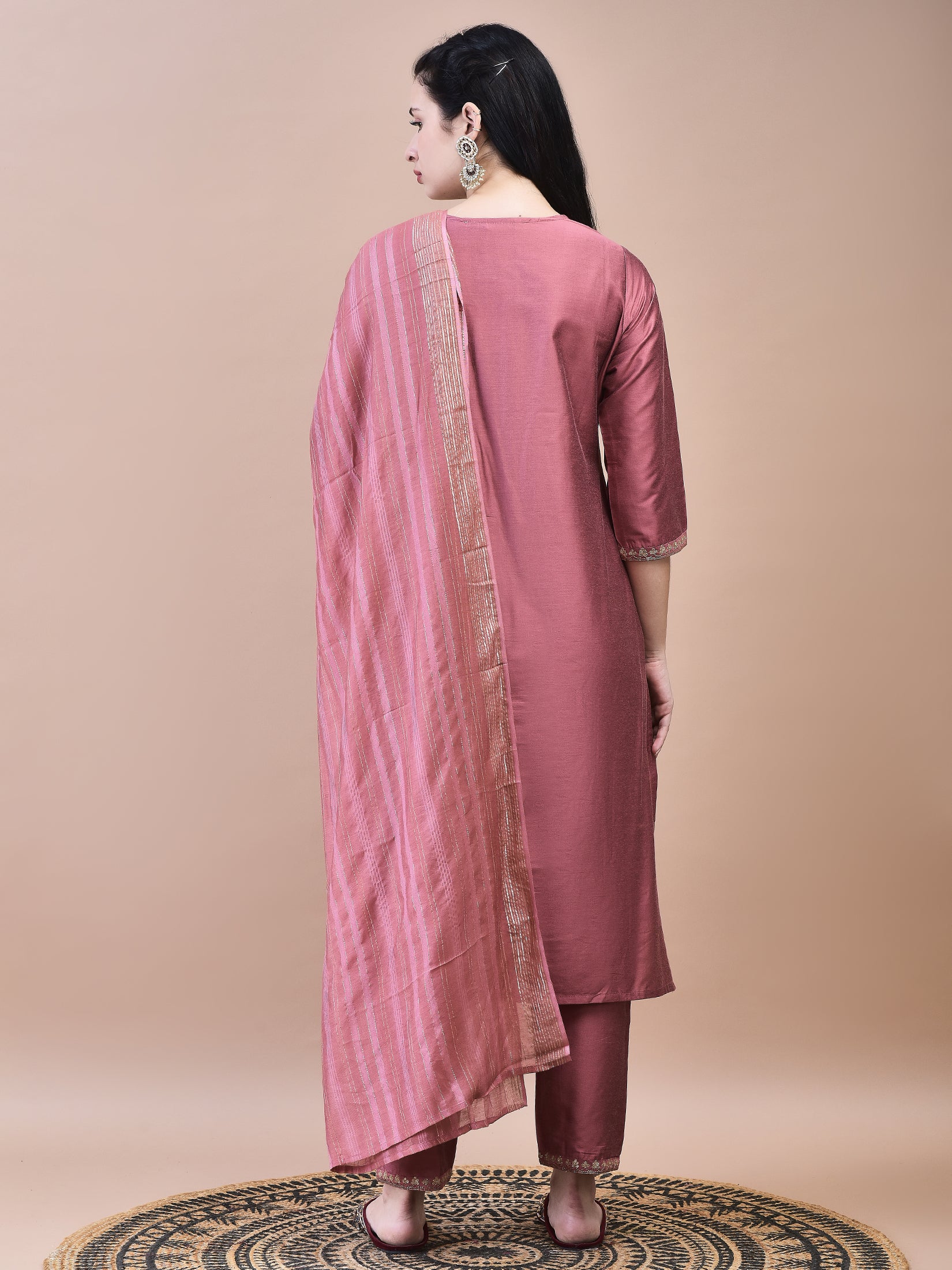 Women Poly Silk Pink Embroidered Kurta Trouser Chanderi Dupatta