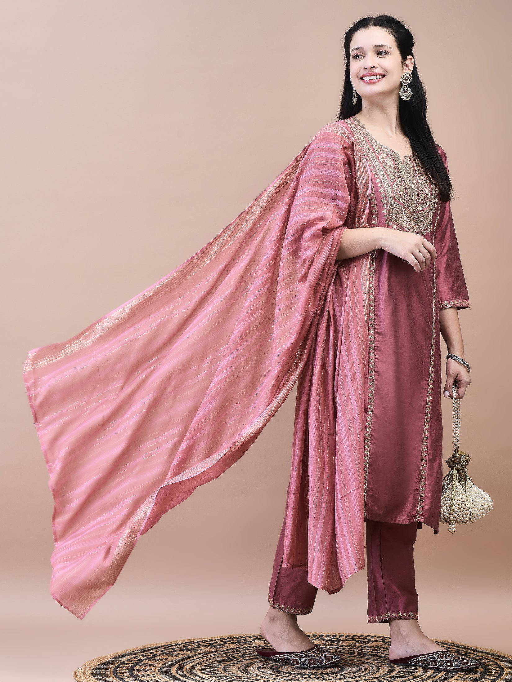 Women Poly Silk Pink Embroidered Kurta Trouser Chanderi Dupatta