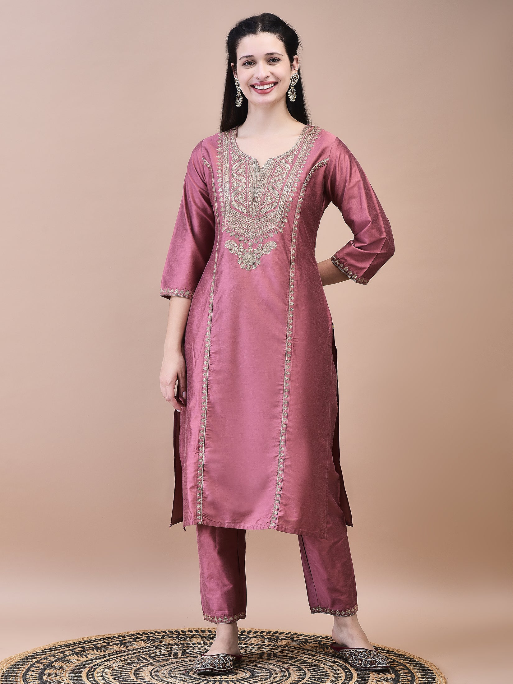 Women Poly Silk Pink Embroidered Kurta Trouser Chanderi Dupatta