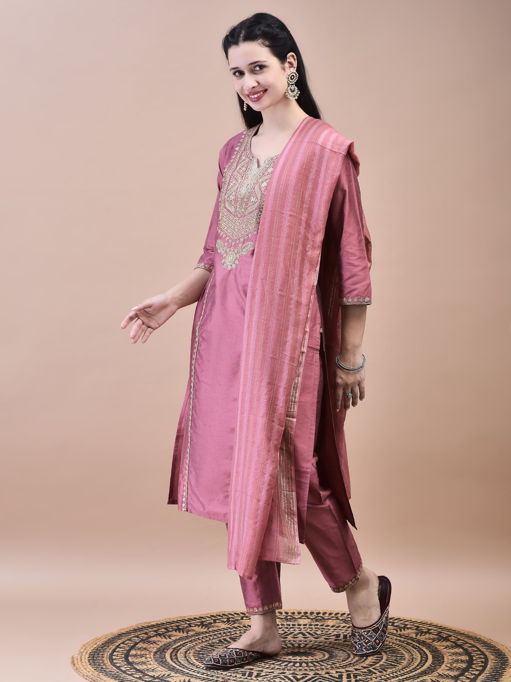 Women Poly Silk Pink Embroidered Kurta Trouser Chanderi Dupatta