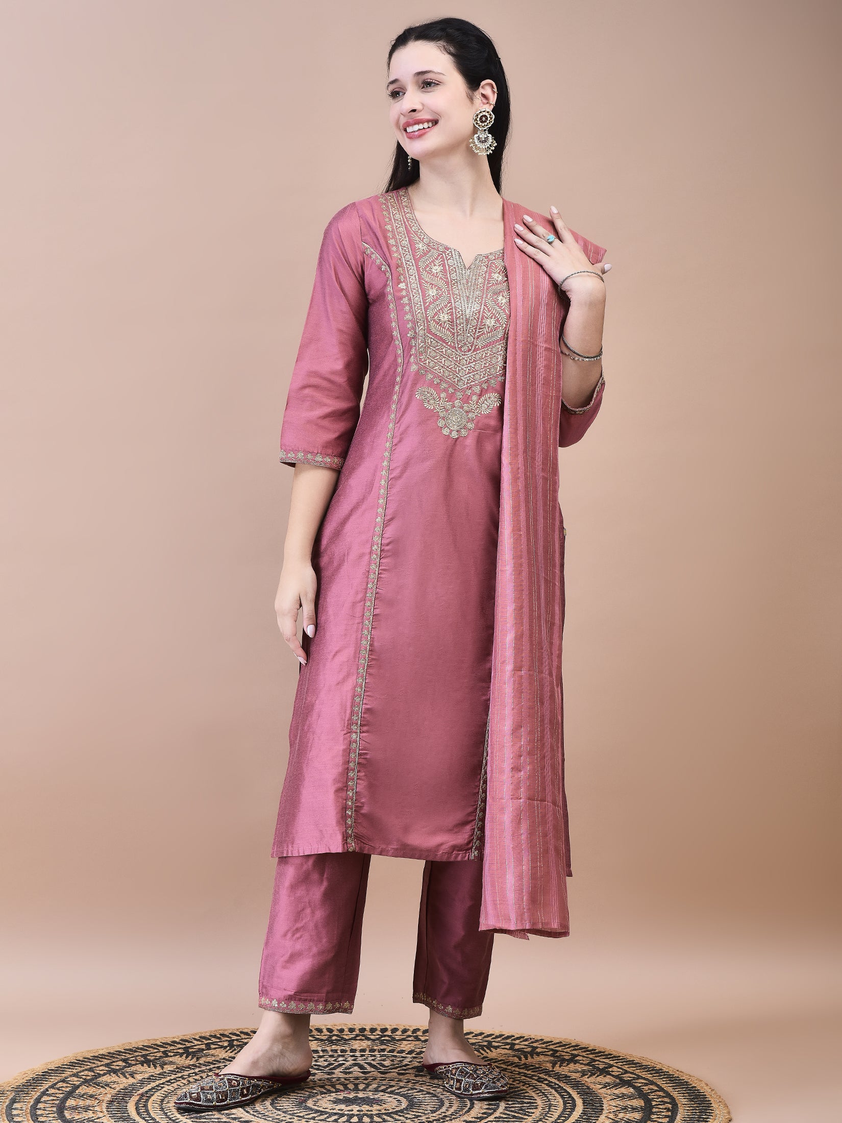 Women Poly Silk Pink Embroidered Kurta Trouser Chanderi Dupatta