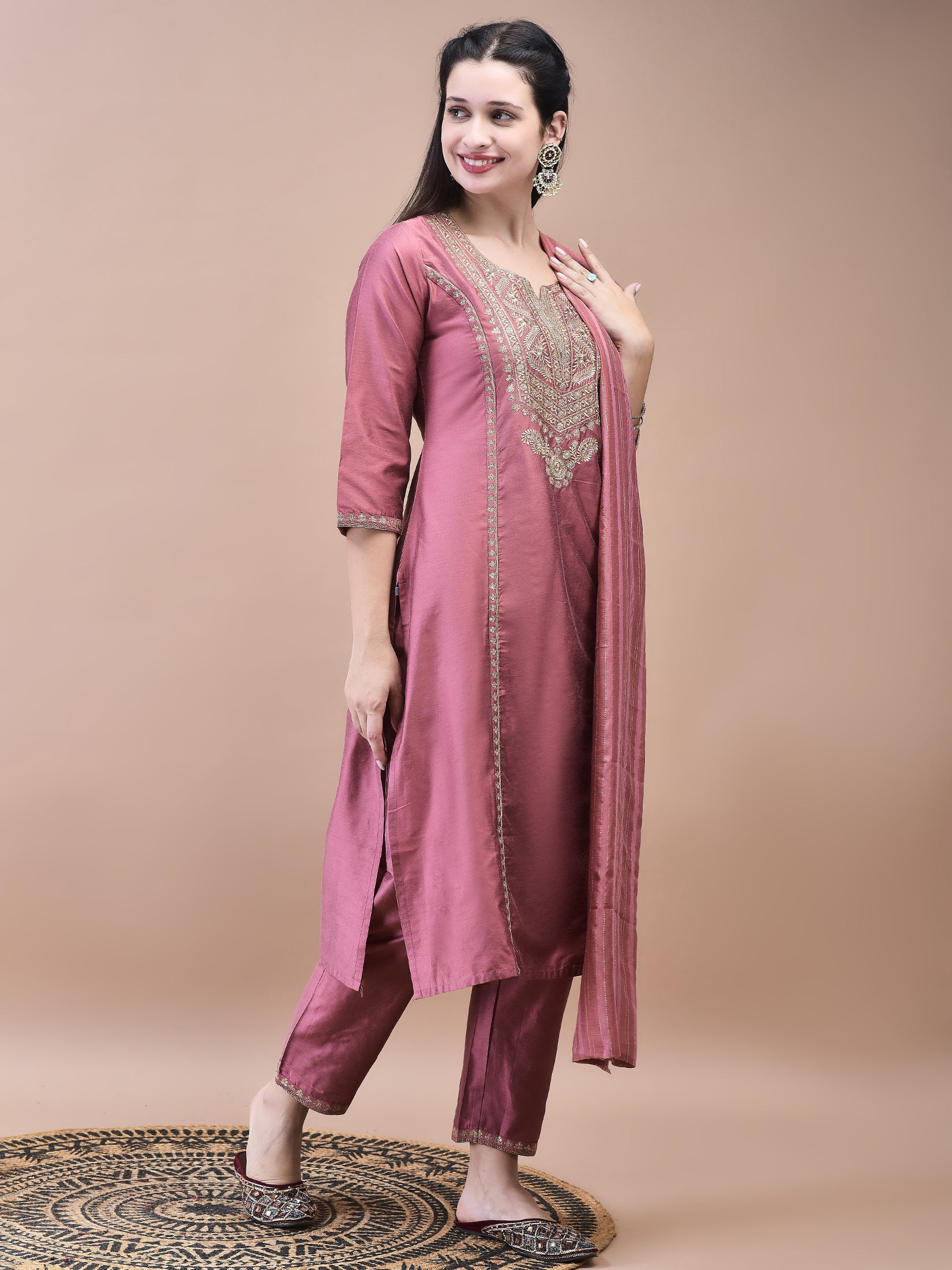 Women Poly Silk Pink Embroidered Kurta Trouser Chanderi Dupatta