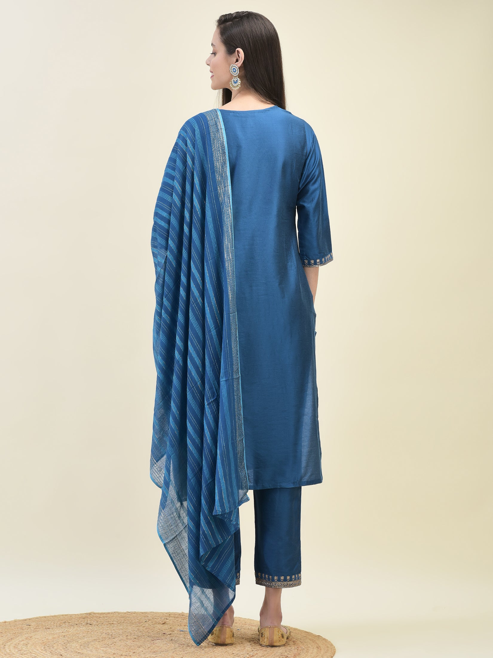 Women Poly Silk Blue Embroidered Kurta Trouser Dupatta