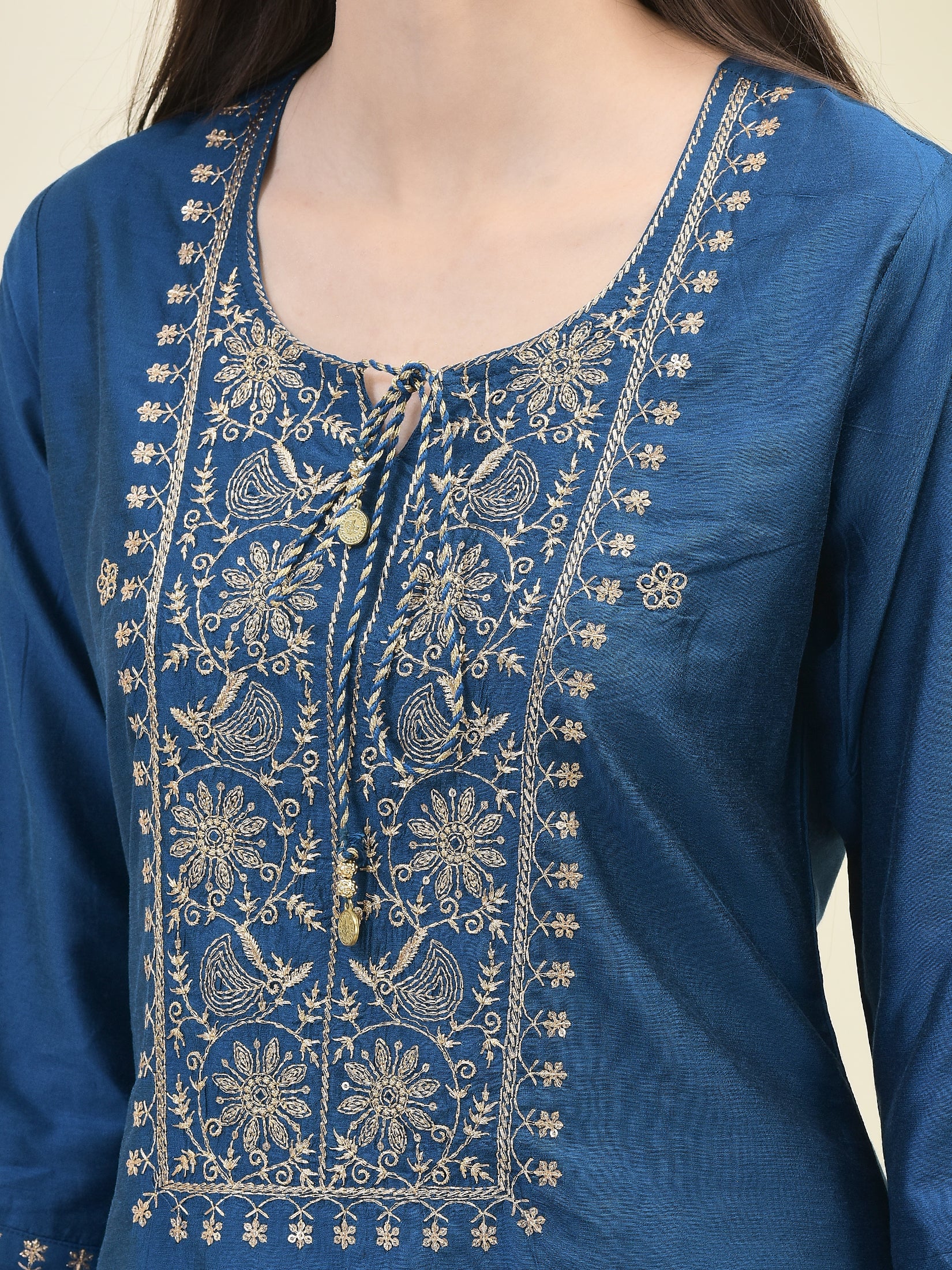 Women Poly Silk Blue Embroidered Kurta Trouser Dupatta