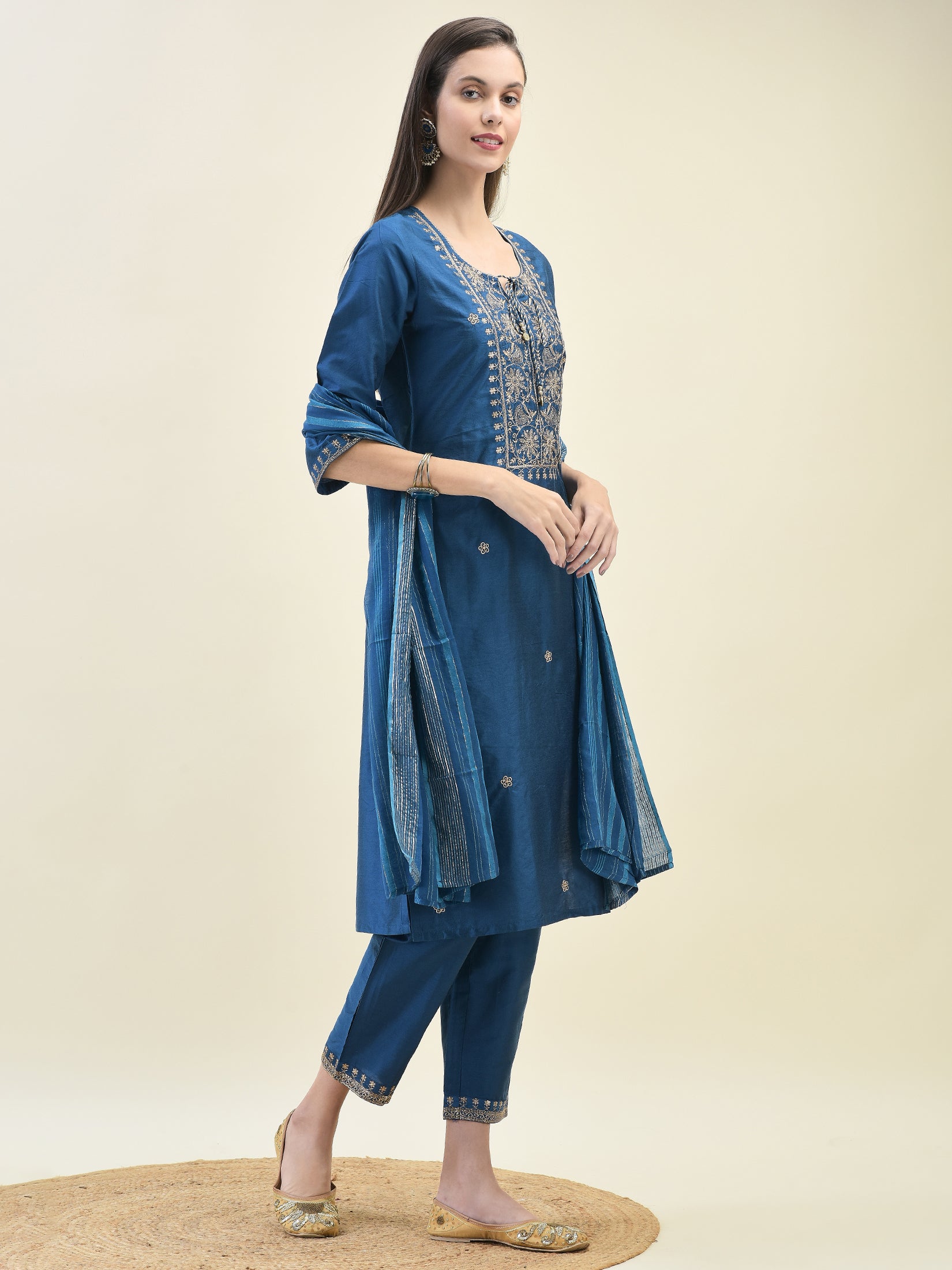 Women Poly Silk Blue Embroidered Kurta Trouser Dupatta