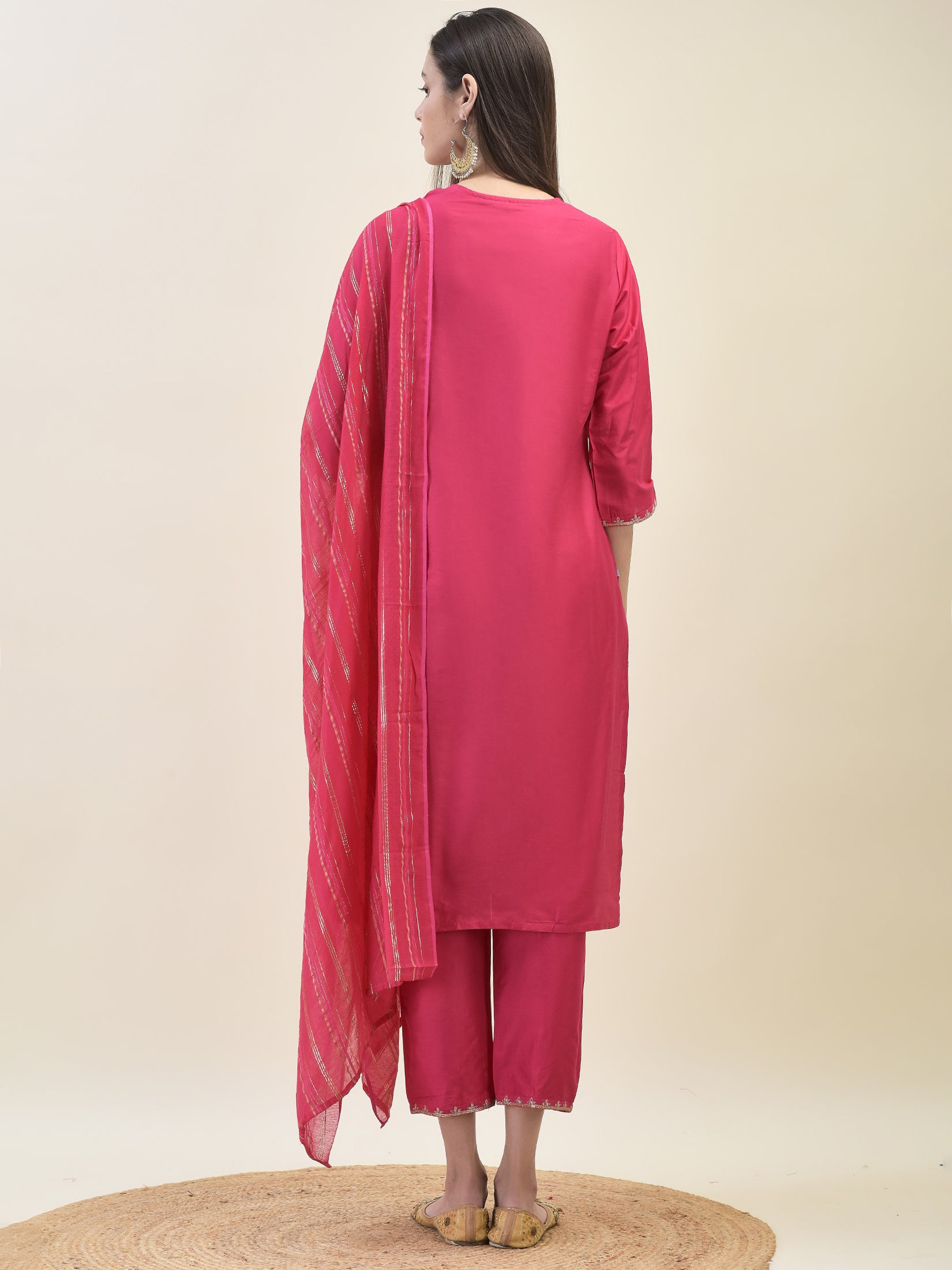 Women Poly Silk Fuchsia Embroidered Kurta Trouser Dupatta