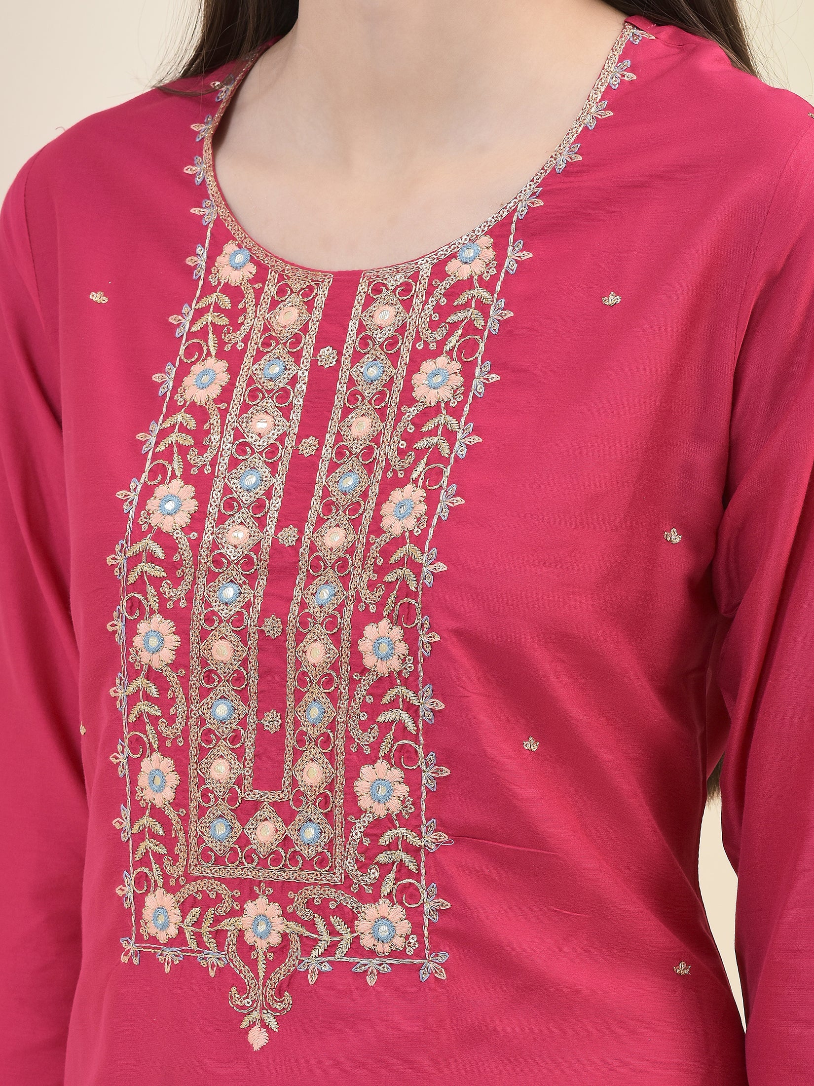 Women Poly Silk Fuchsia Embroidered Kurta Trouser Dupatta