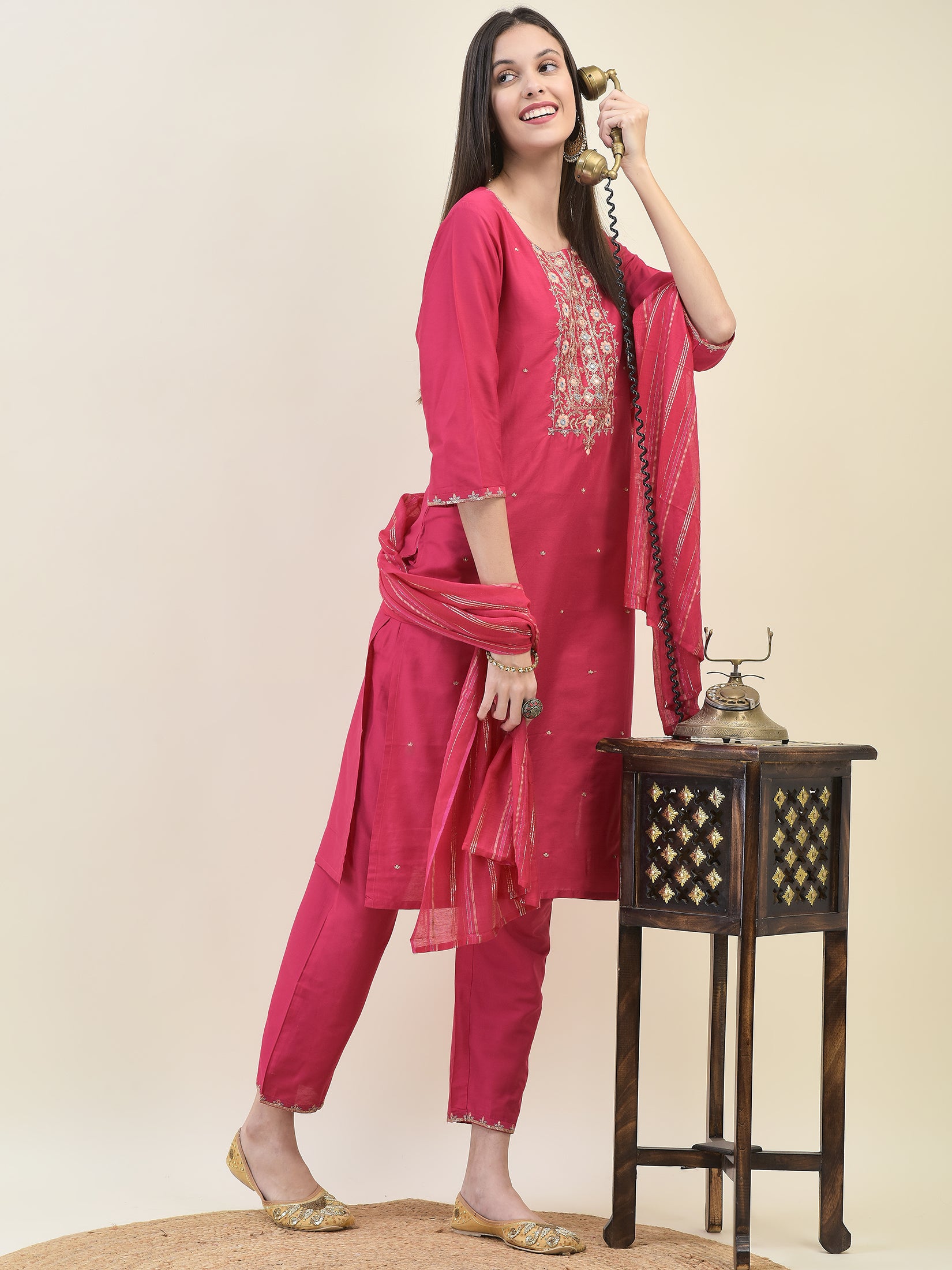 Women Poly Silk Fuchsia Embroidered Kurta Trouser Dupatta