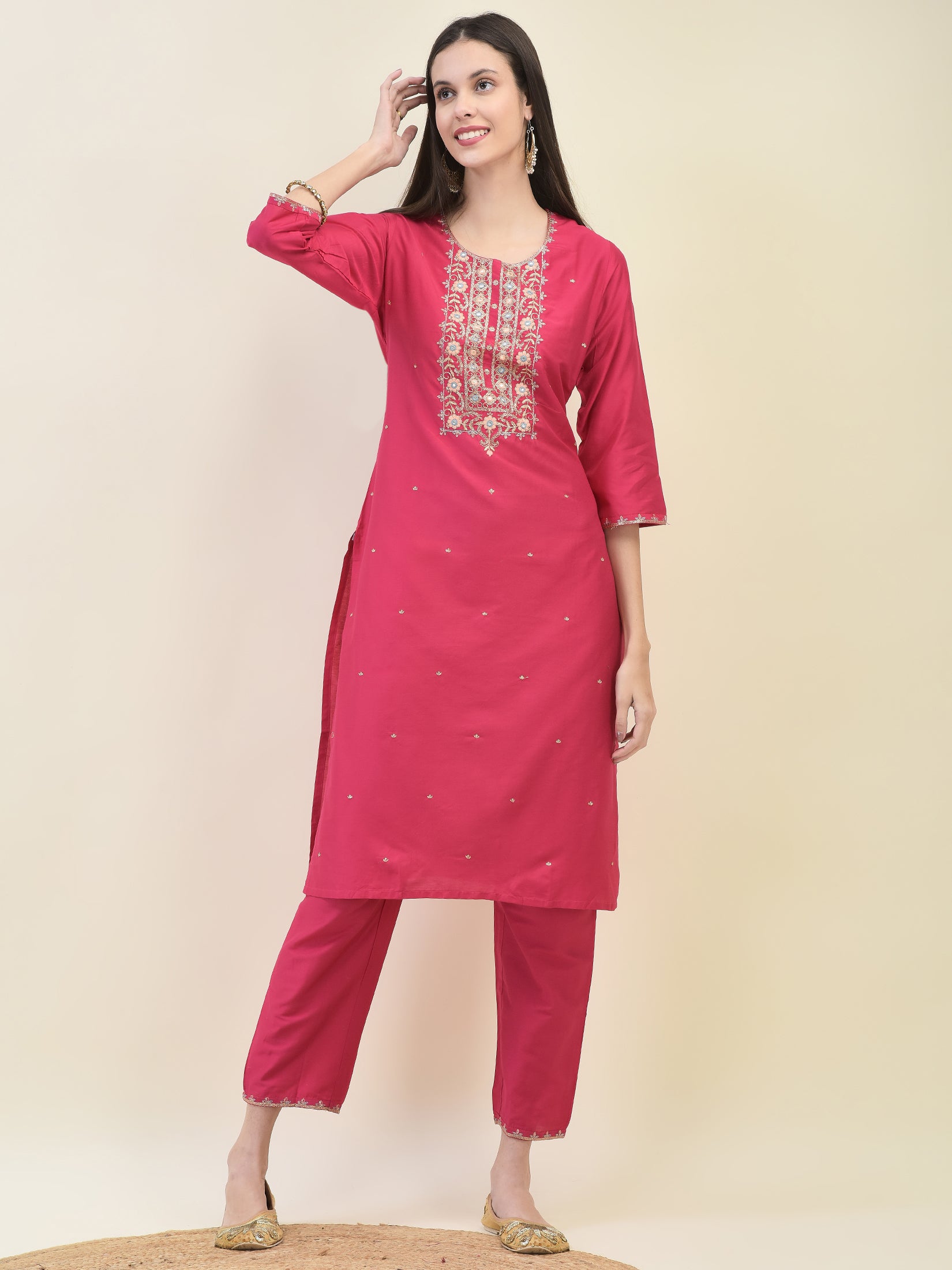 Women Poly Silk Fuchsia Embroidered Kurta Trouser Dupatta