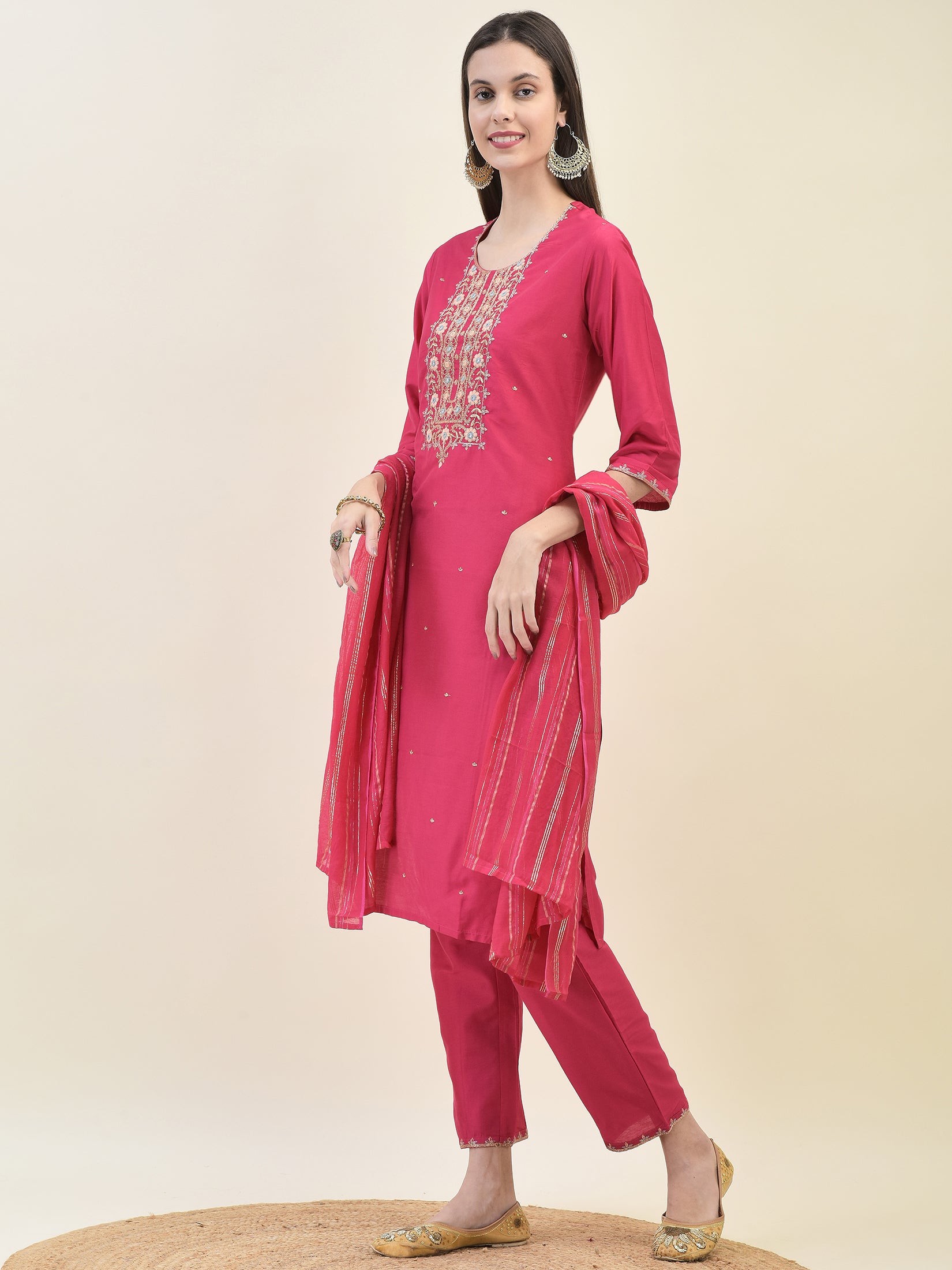 Women Poly Silk Fuchsia Embroidered Kurta Trouser Dupatta