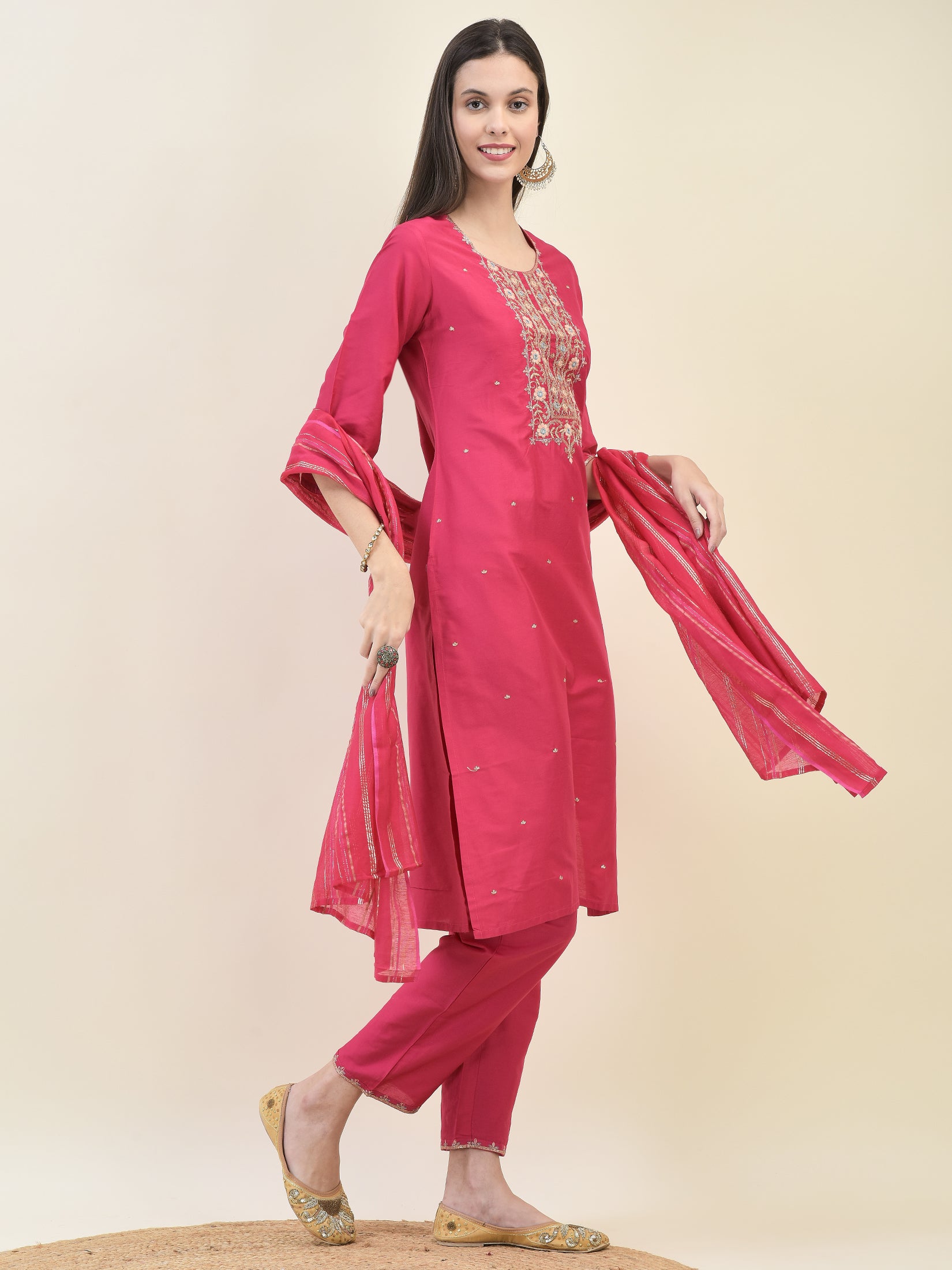 Women Poly Silk Fuchsia Embroidered Kurta Trouser Dupatta