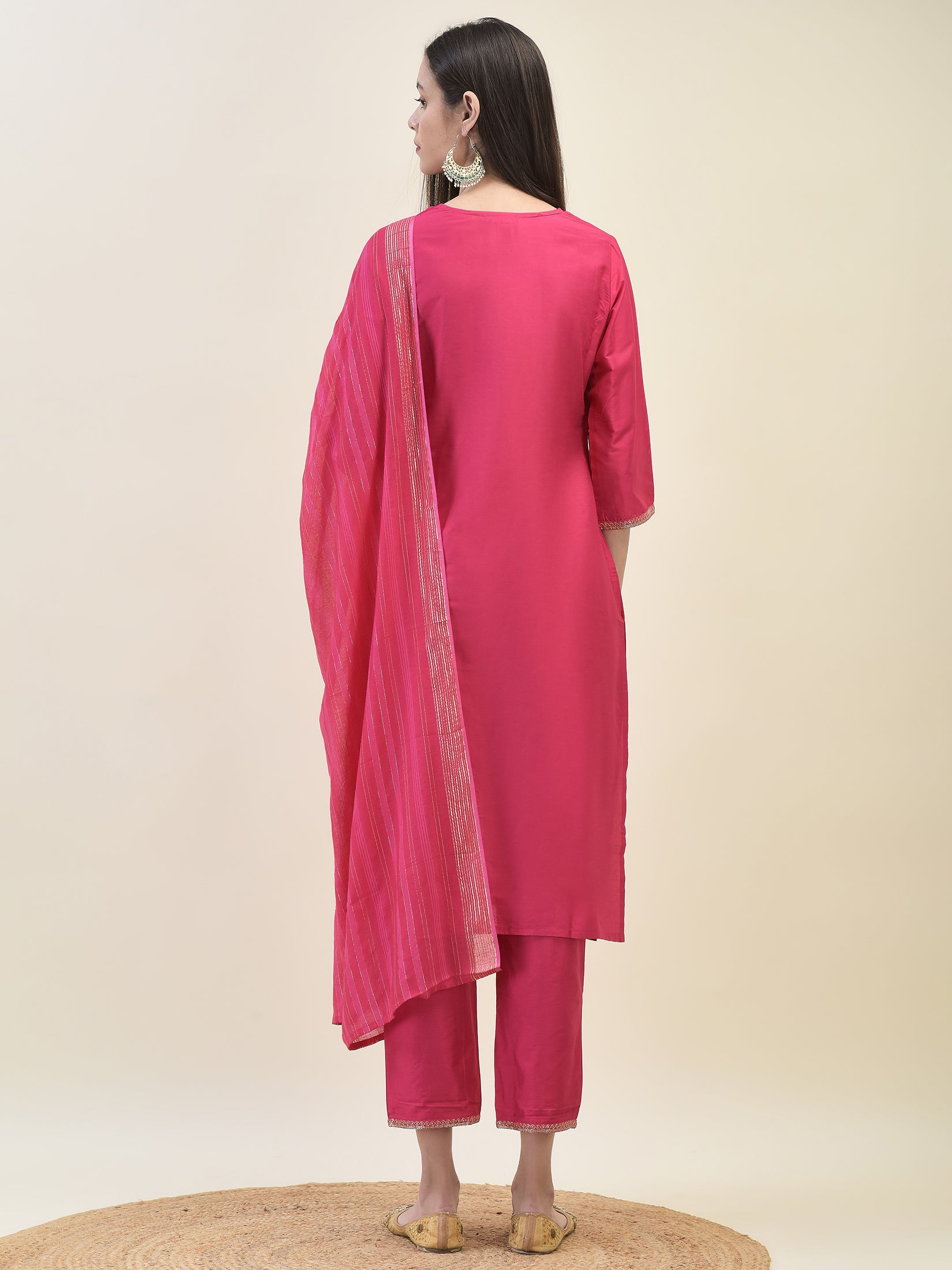 Women Poly Silk Fuchsia Embroidered Kurta Trouser Dupatta