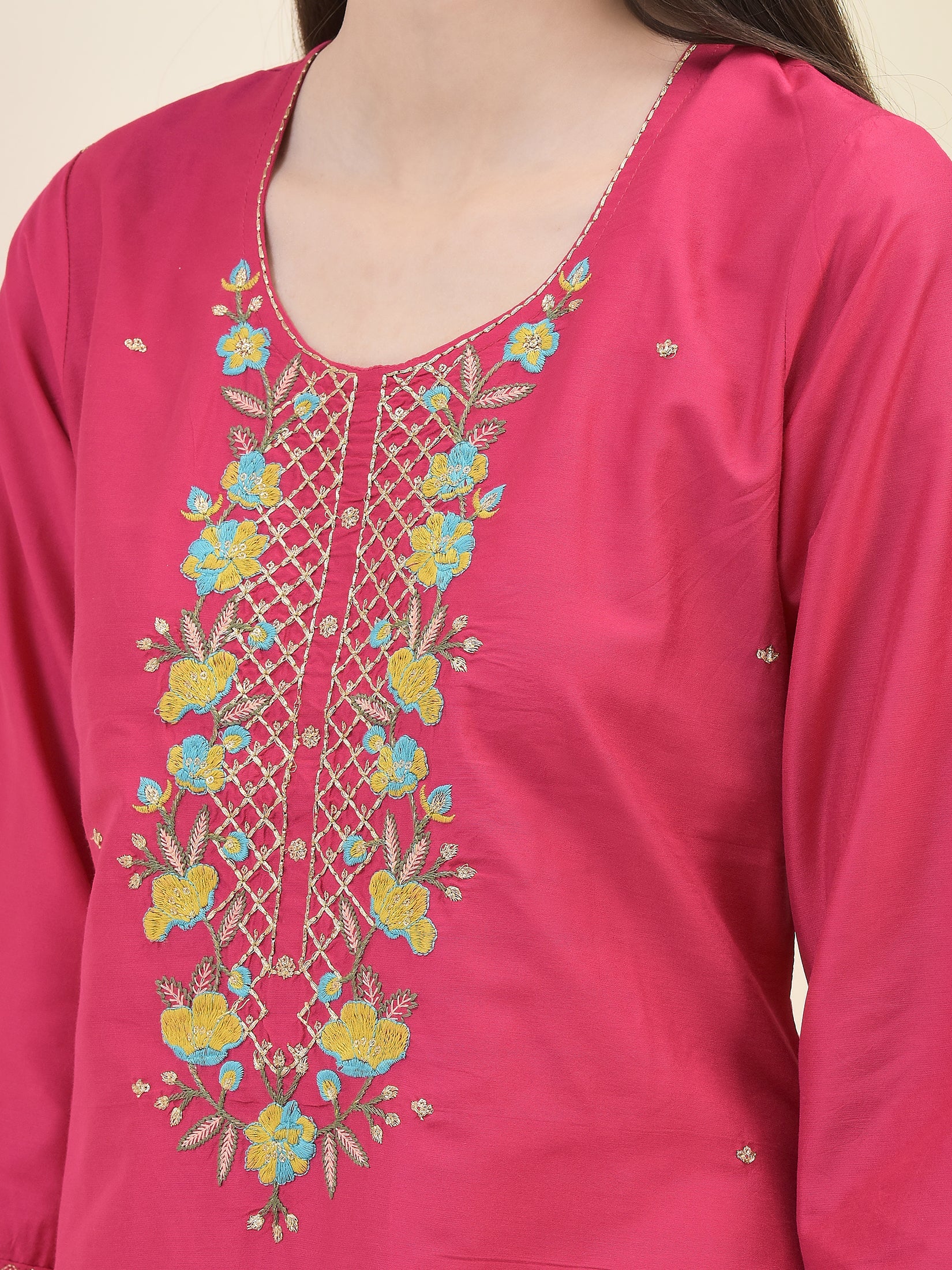 Women Poly Silk Fuchsia Embroidered Kurta Trouser Dupatta