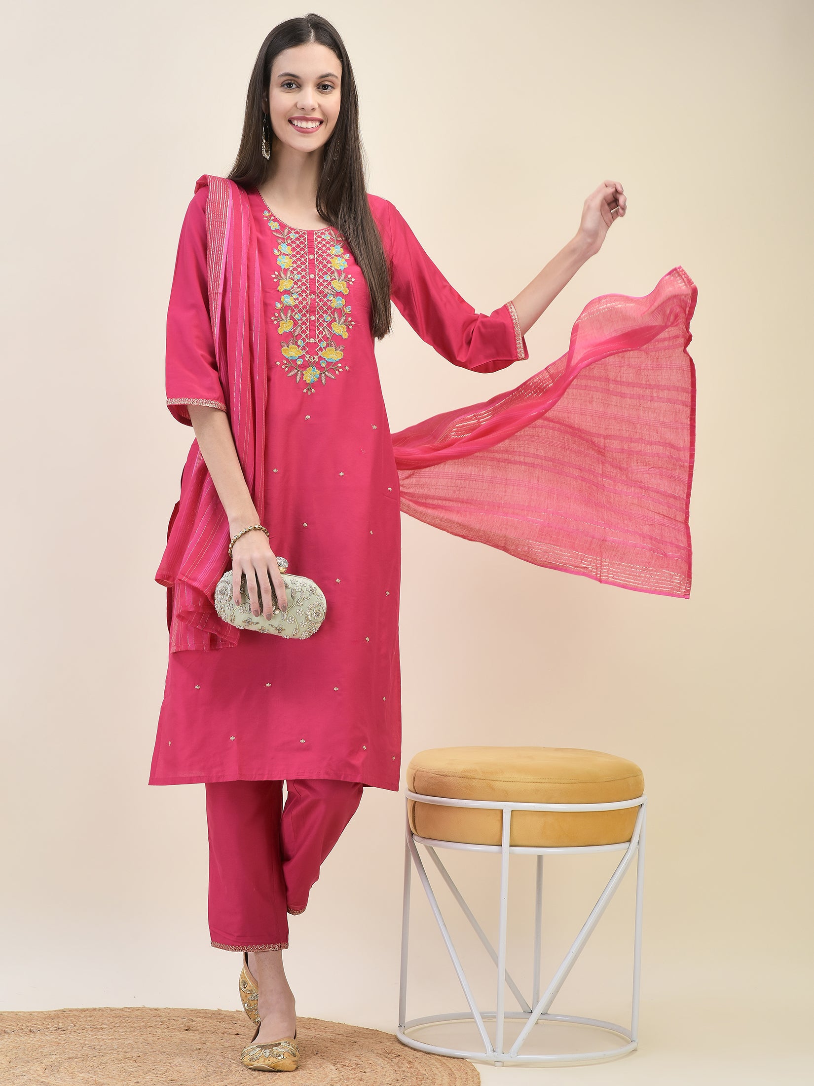 Women Poly Silk Fuchsia Embroidered Kurta Trouser Dupatta