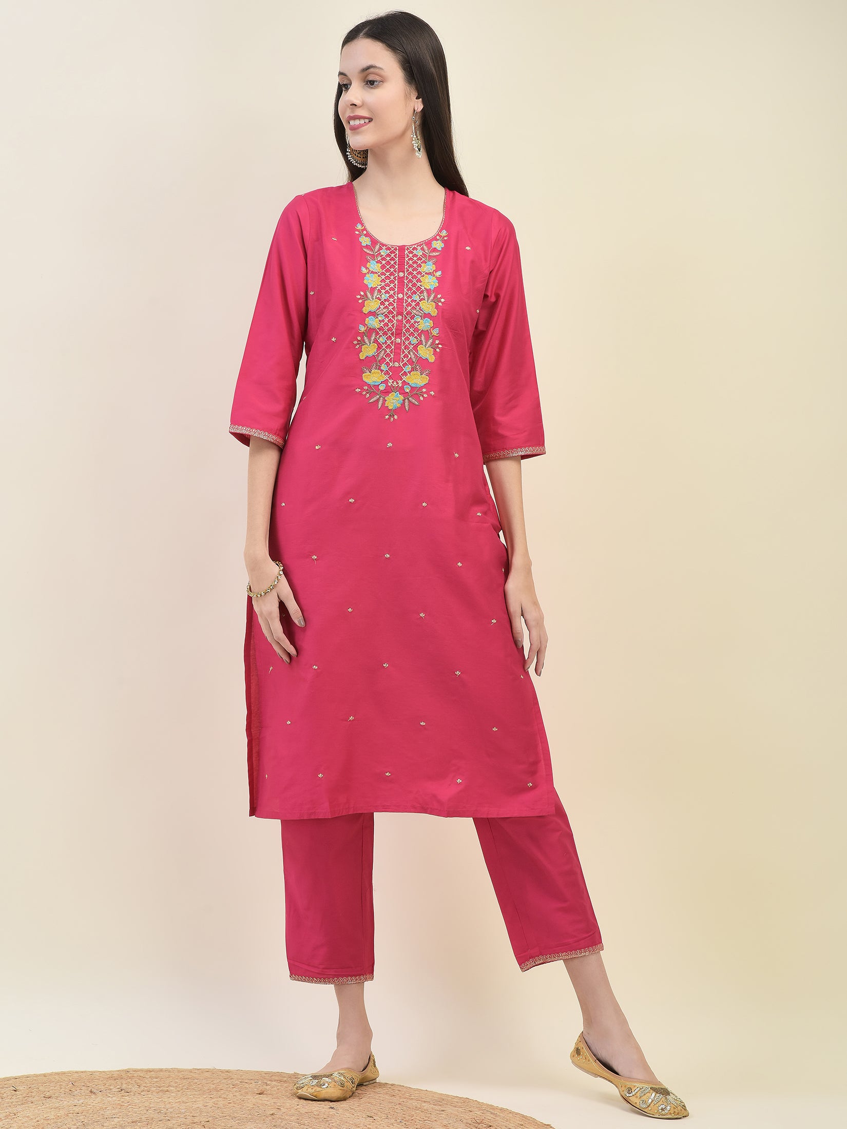 Women Poly Silk Fuchsia Embroidered Kurta Trouser Dupatta