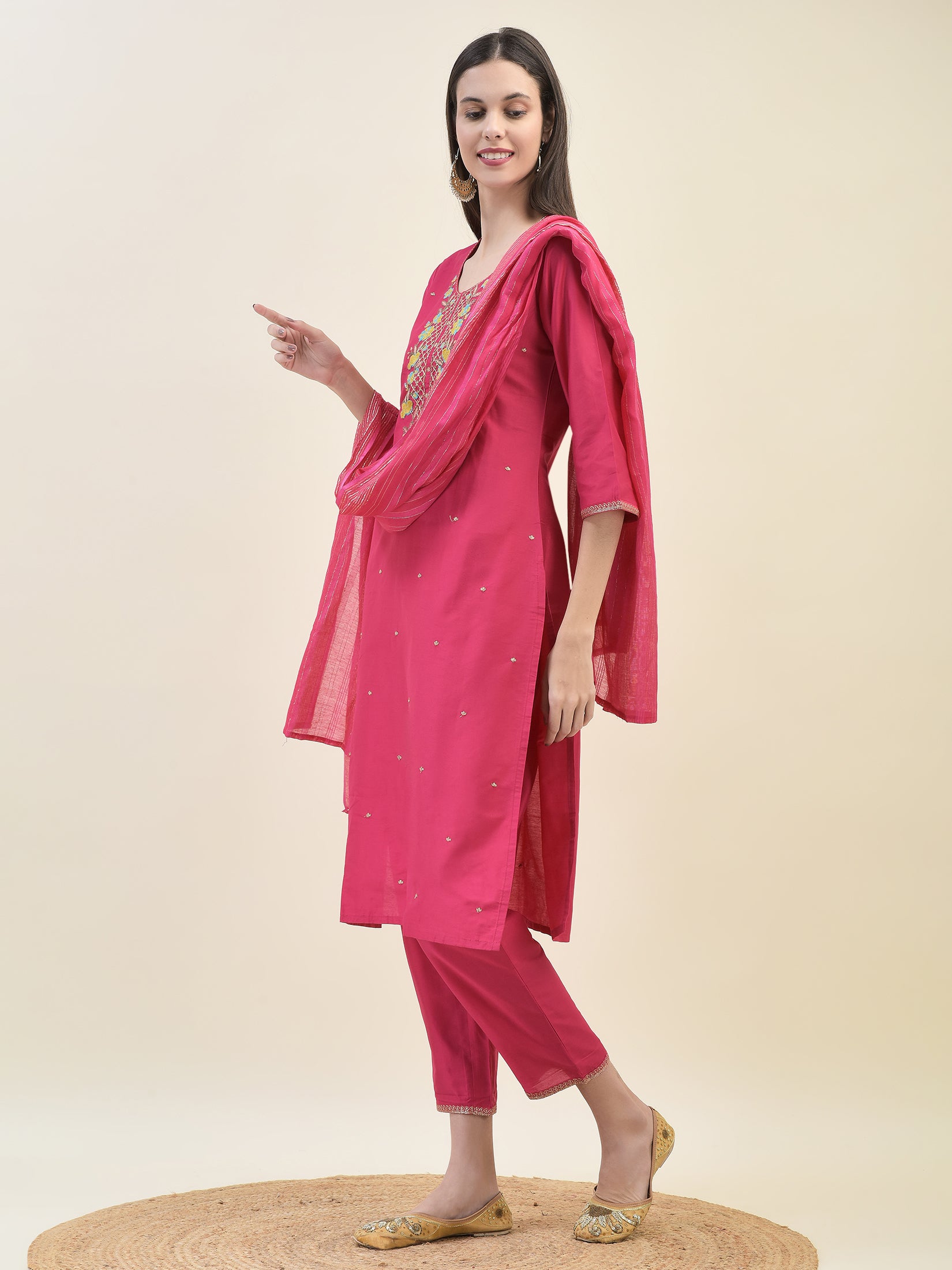 Women Poly Silk Fuchsia Embroidered Kurta Trouser Dupatta