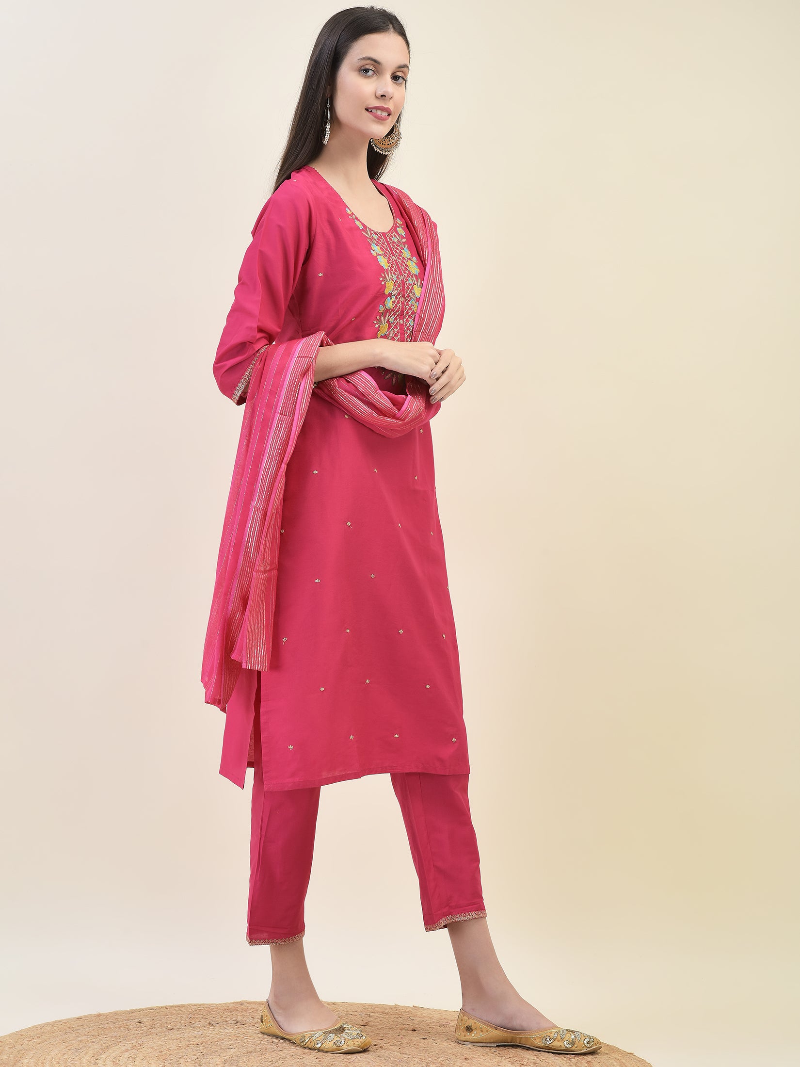 Women Poly Silk Fuchsia Embroidered Kurta Trouser Dupatta