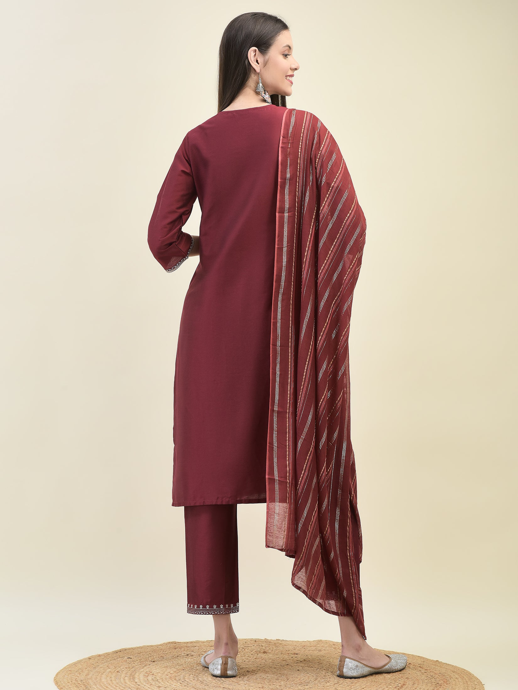 Women Poly Silk Maroon Embroidered Kurta Trouser Dupatta