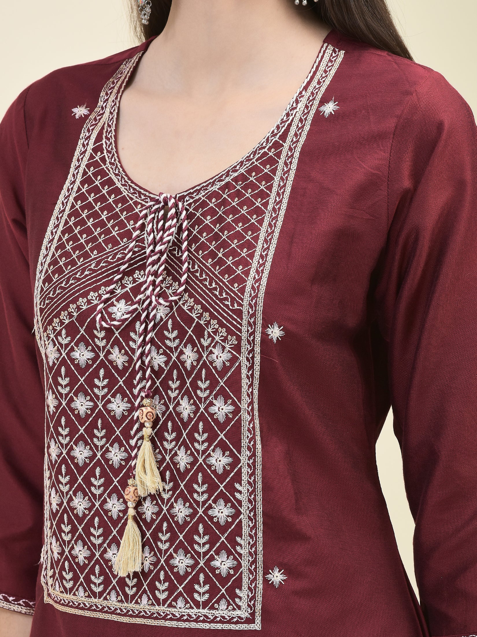 Women Poly Silk Maroon Embroidered Kurta Trouser Dupatta