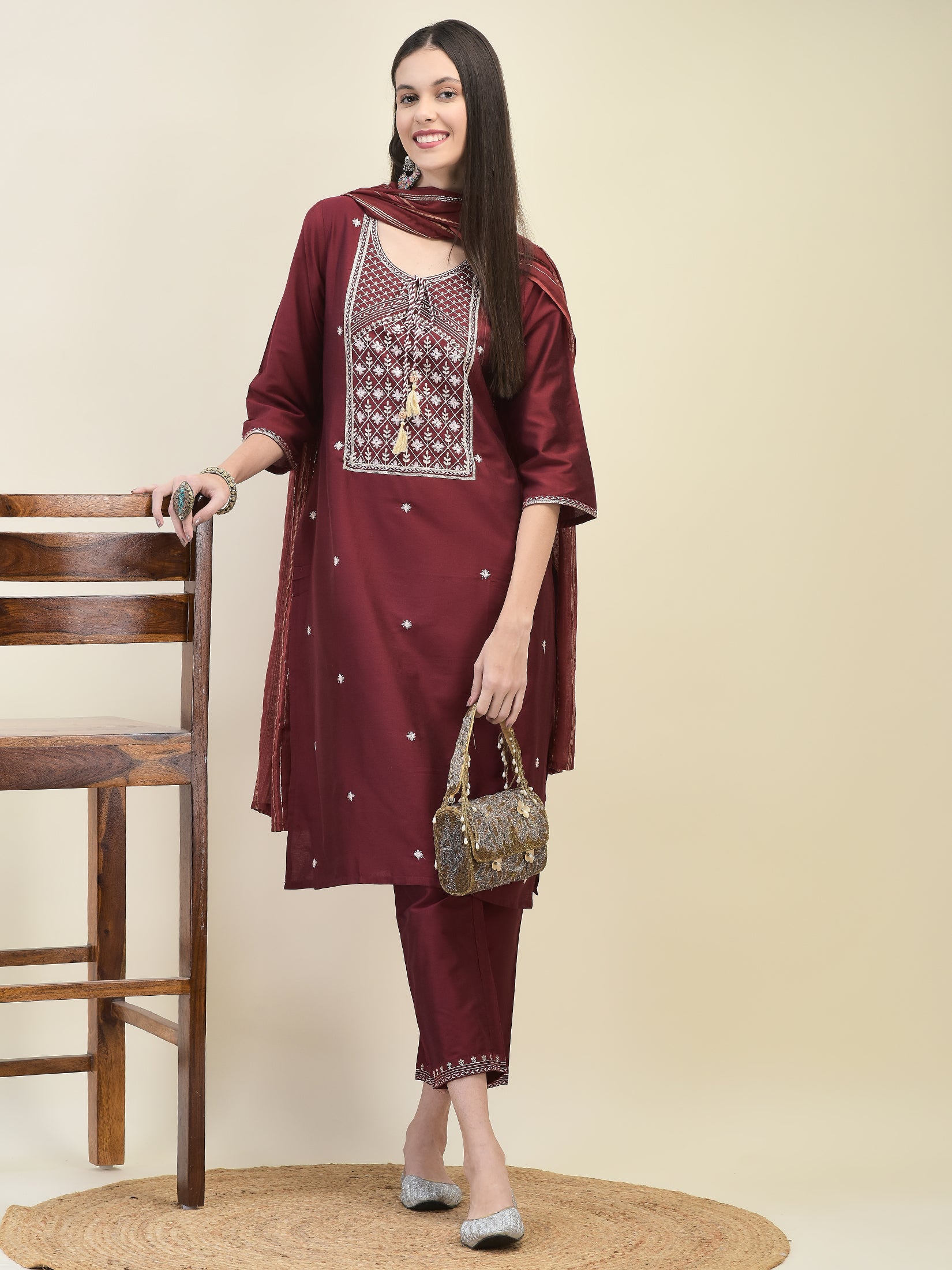 Women Poly Silk Maroon Embroidered Kurta Trouser Dupatta