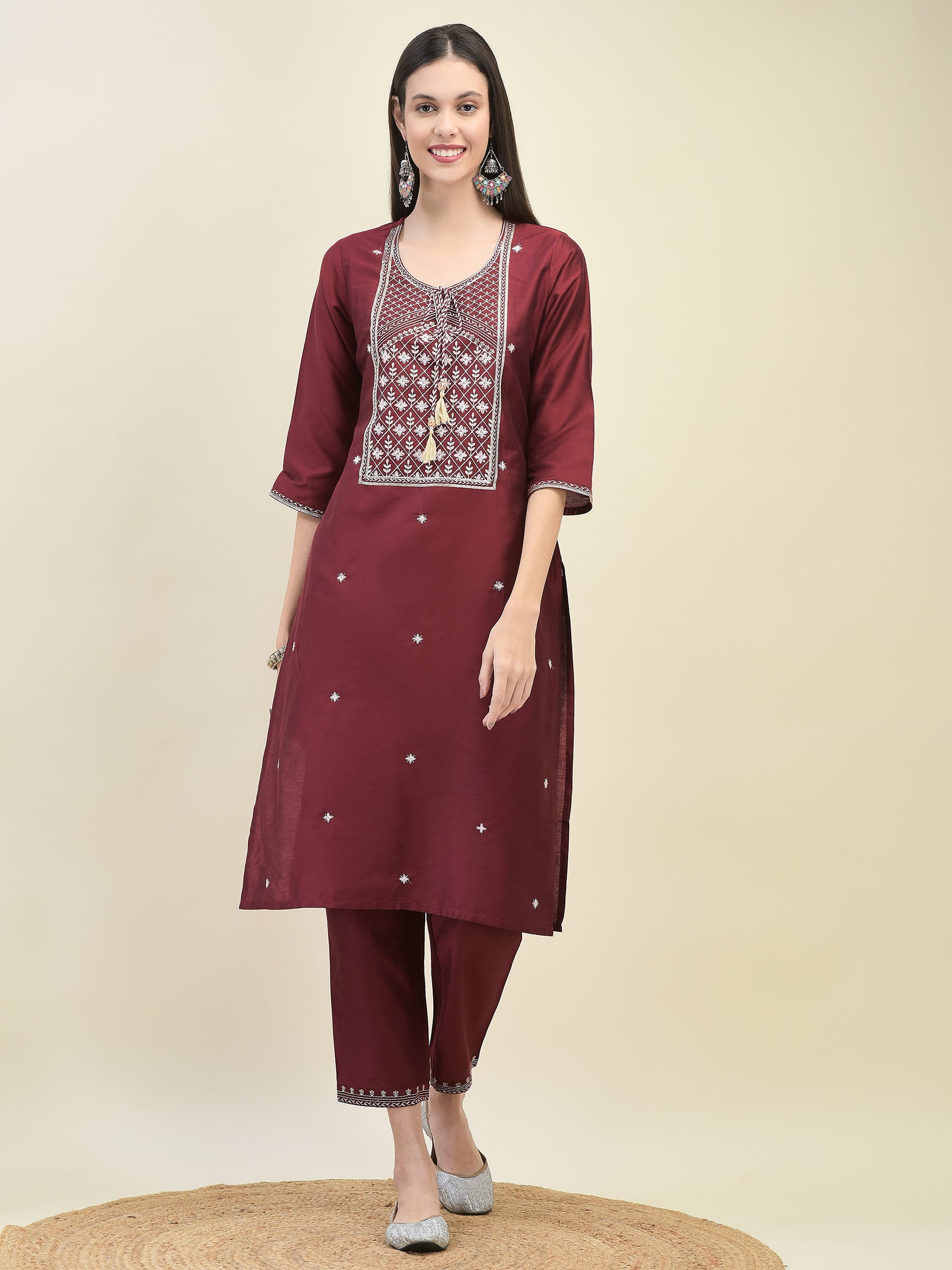 Women Poly Silk Maroon Embroidered Kurta Trouser Dupatta