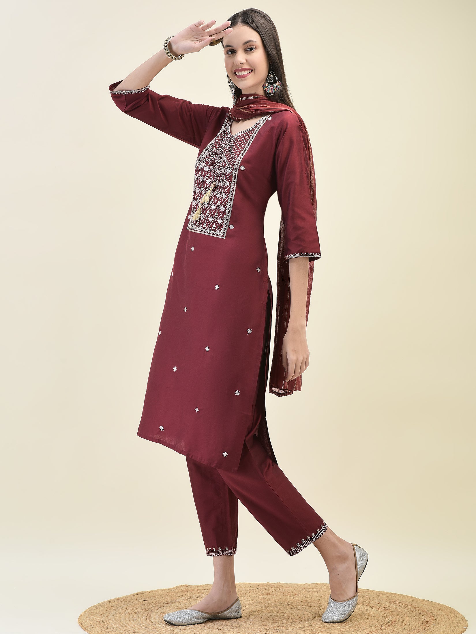 Women Poly Silk Maroon Embroidered Kurta Trouser Dupatta