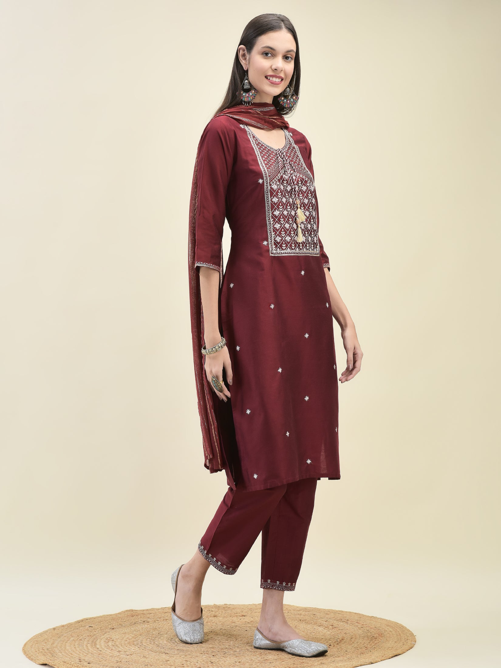 Women Poly Silk Maroon Embroidered Kurta Trouser Dupatta