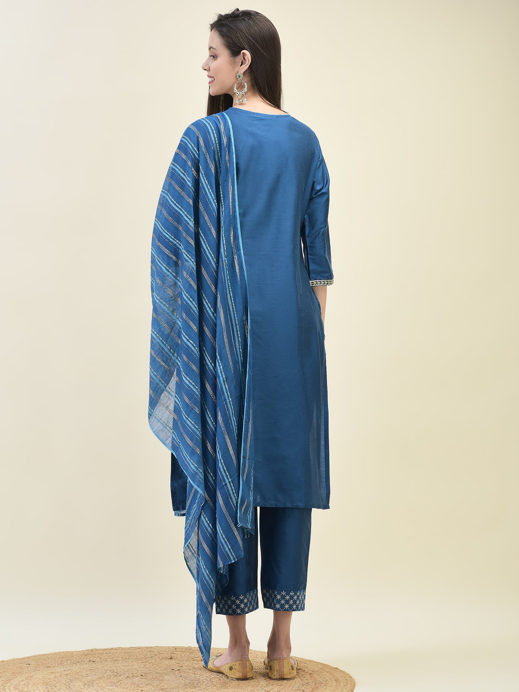 Women Poly Silk Blue Embroidered Kurta Trouser Dupatta