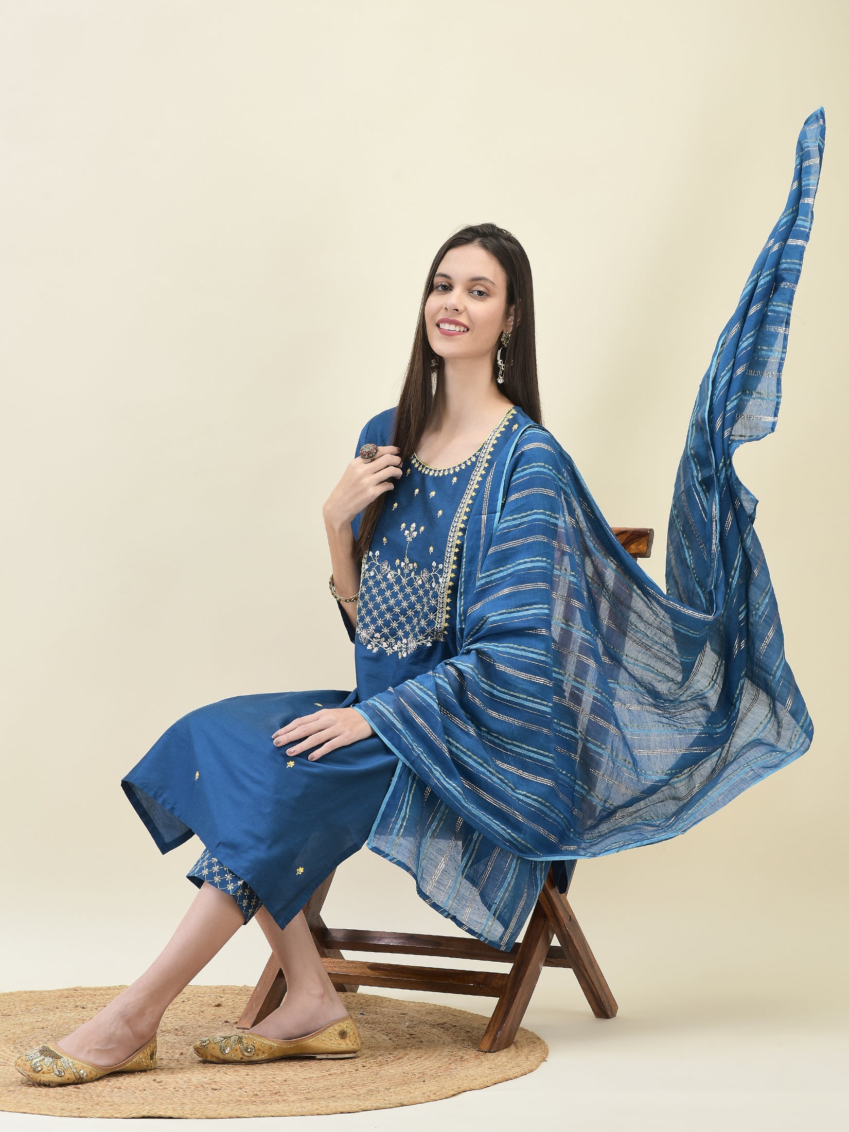 Women Poly Silk Blue Embroidered Kurta Trouser Dupatta