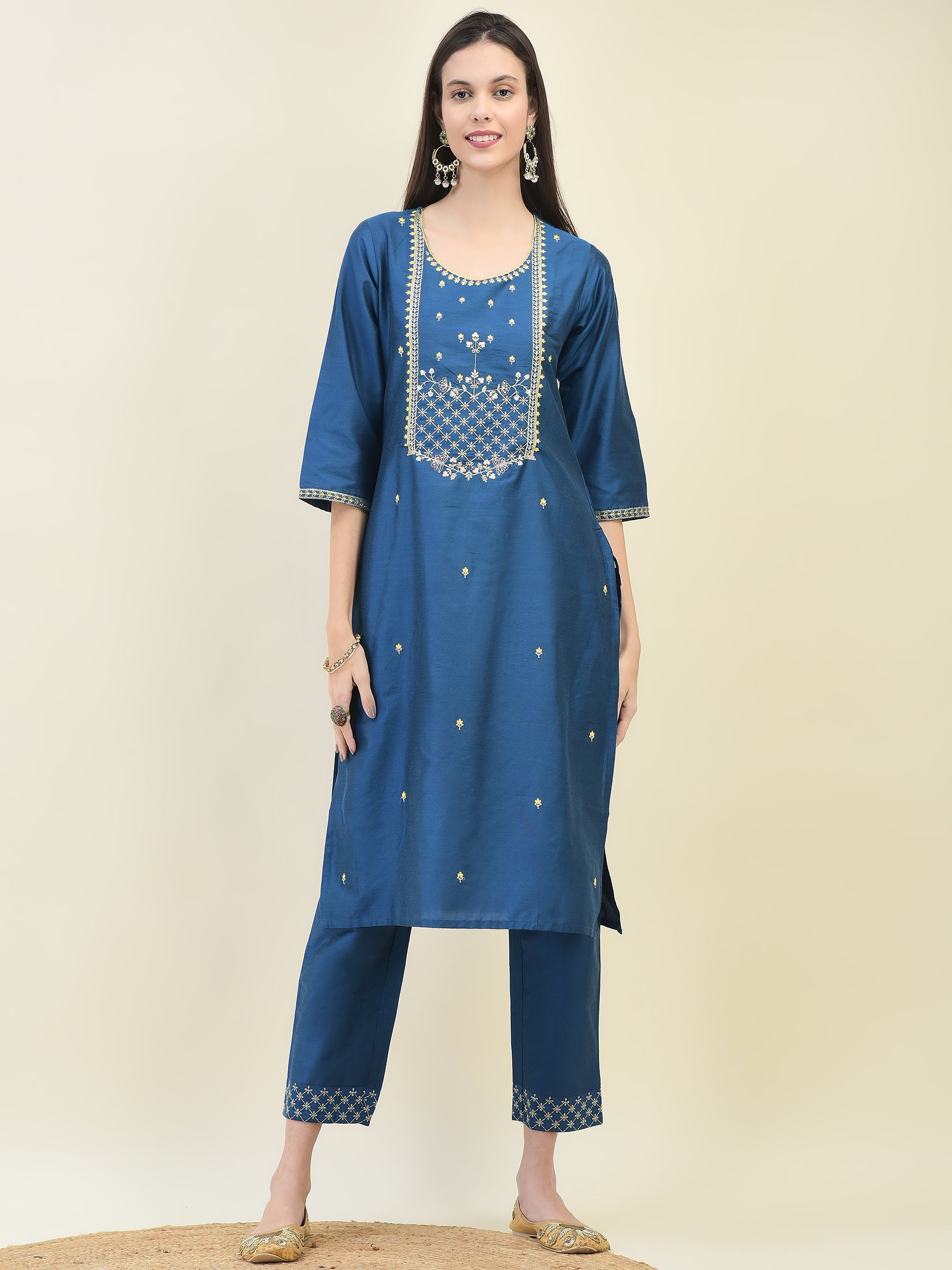 Women Poly Silk Blue Embroidered Kurta Trouser Dupatta