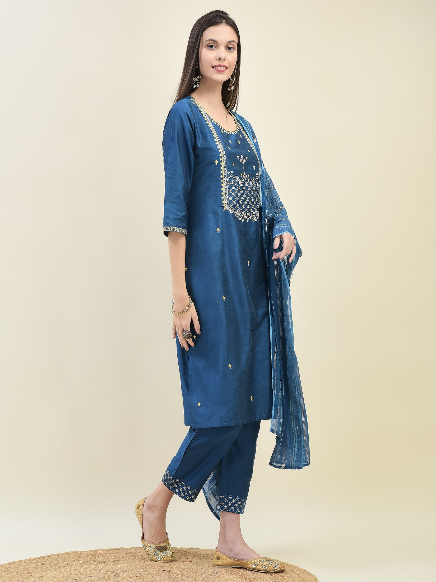 Women Poly Silk Blue Embroidered Kurta Trouser Dupatta