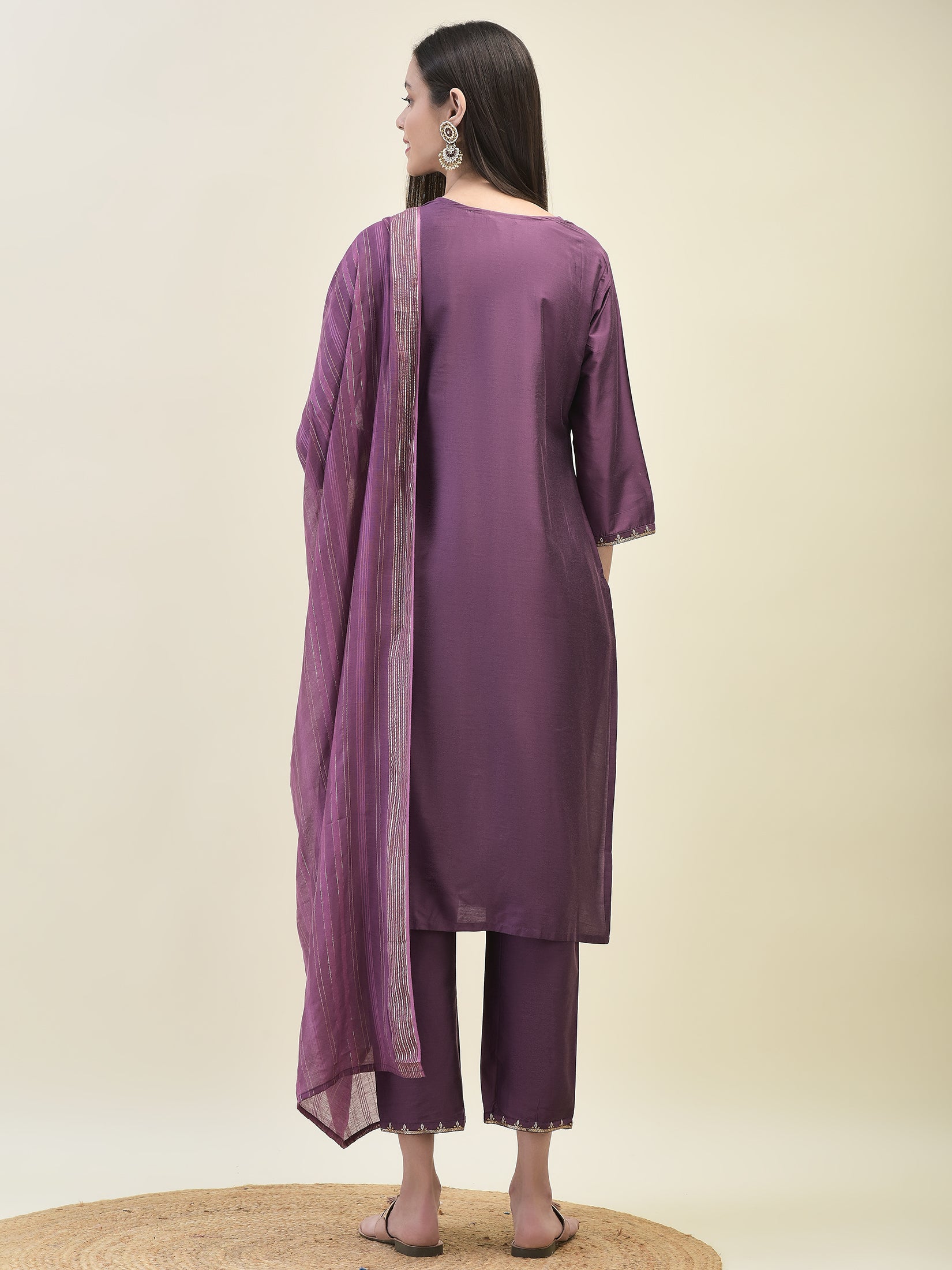 Women Poly Silk Purple Embroidered Kurta Trouser Dupatta